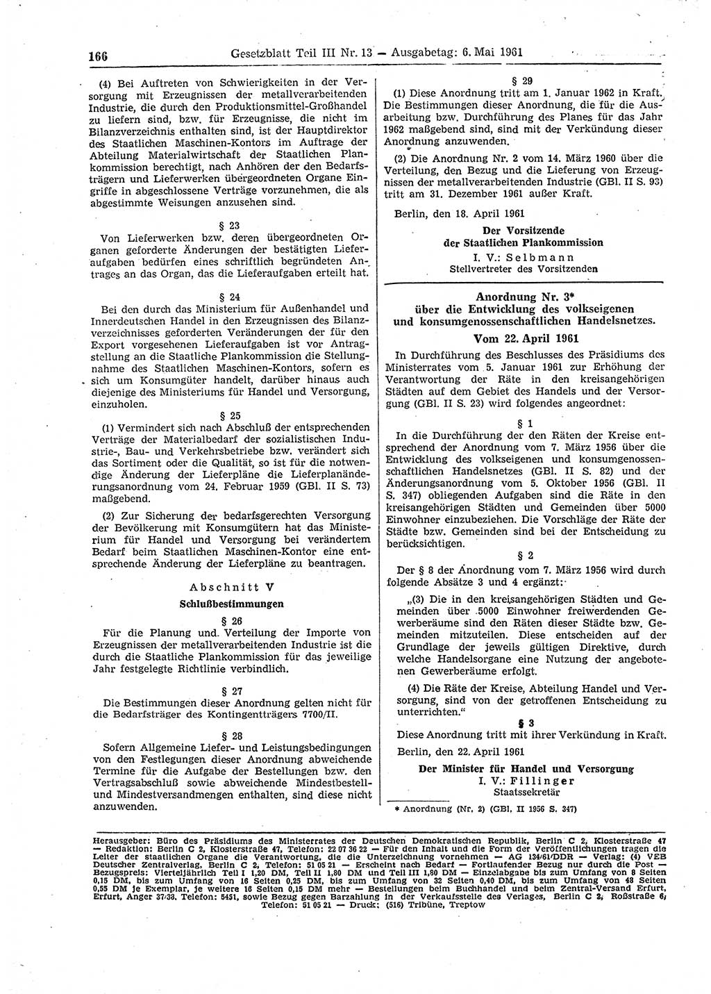 Gesetzblatt (GBl.) der Deutschen Demokratischen Republik (DDR) Teil ⅠⅠⅠ 1961, Seite 166 (GBl. DDR ⅠⅠⅠ 1961, S. 166)