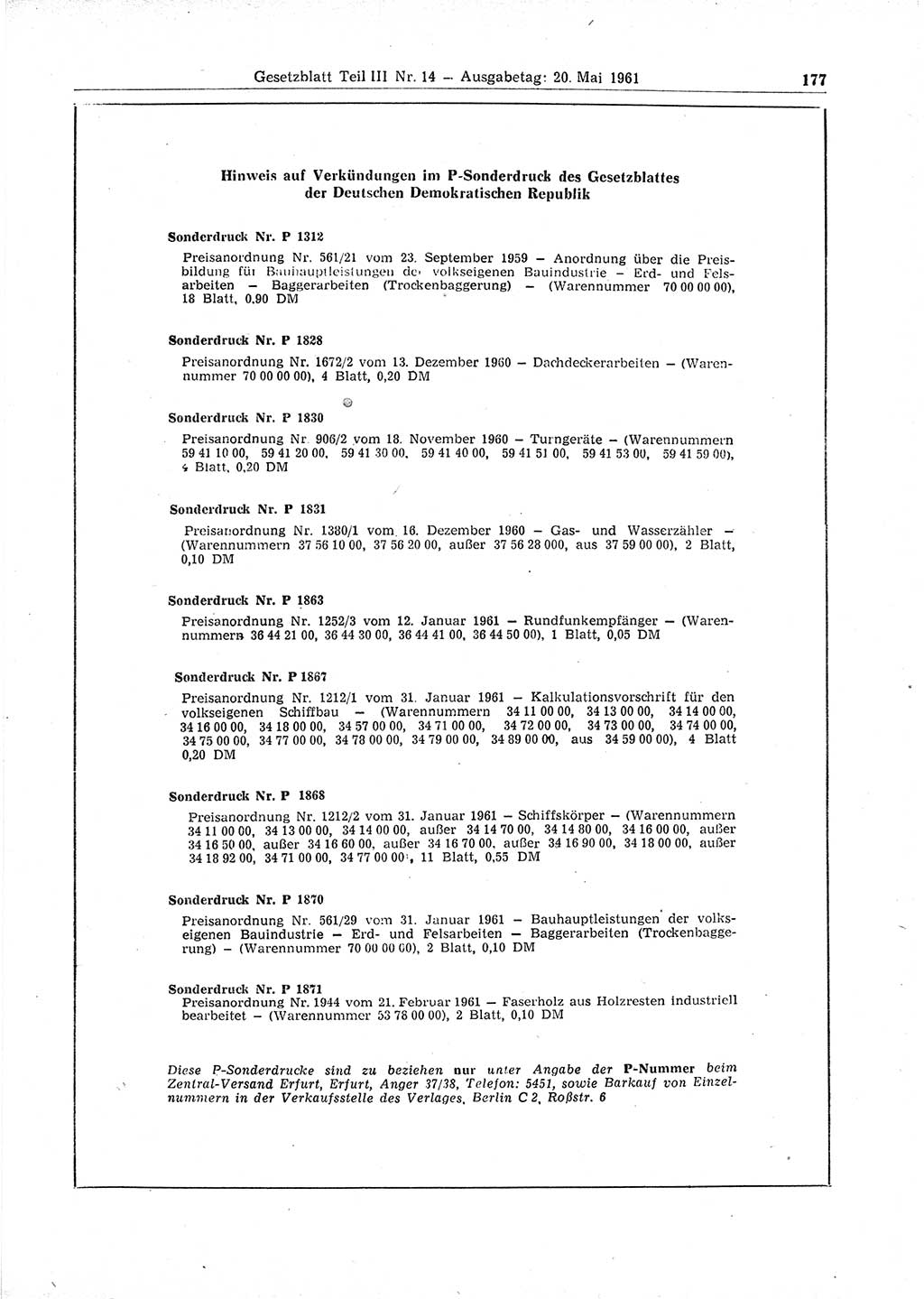 Gesetzblatt (GBl.) der Deutschen Demokratischen Republik (DDR) Teil ⅠⅠⅠ 1961, Seite 177 (GBl. DDR ⅠⅠⅠ 1961, S. 177)