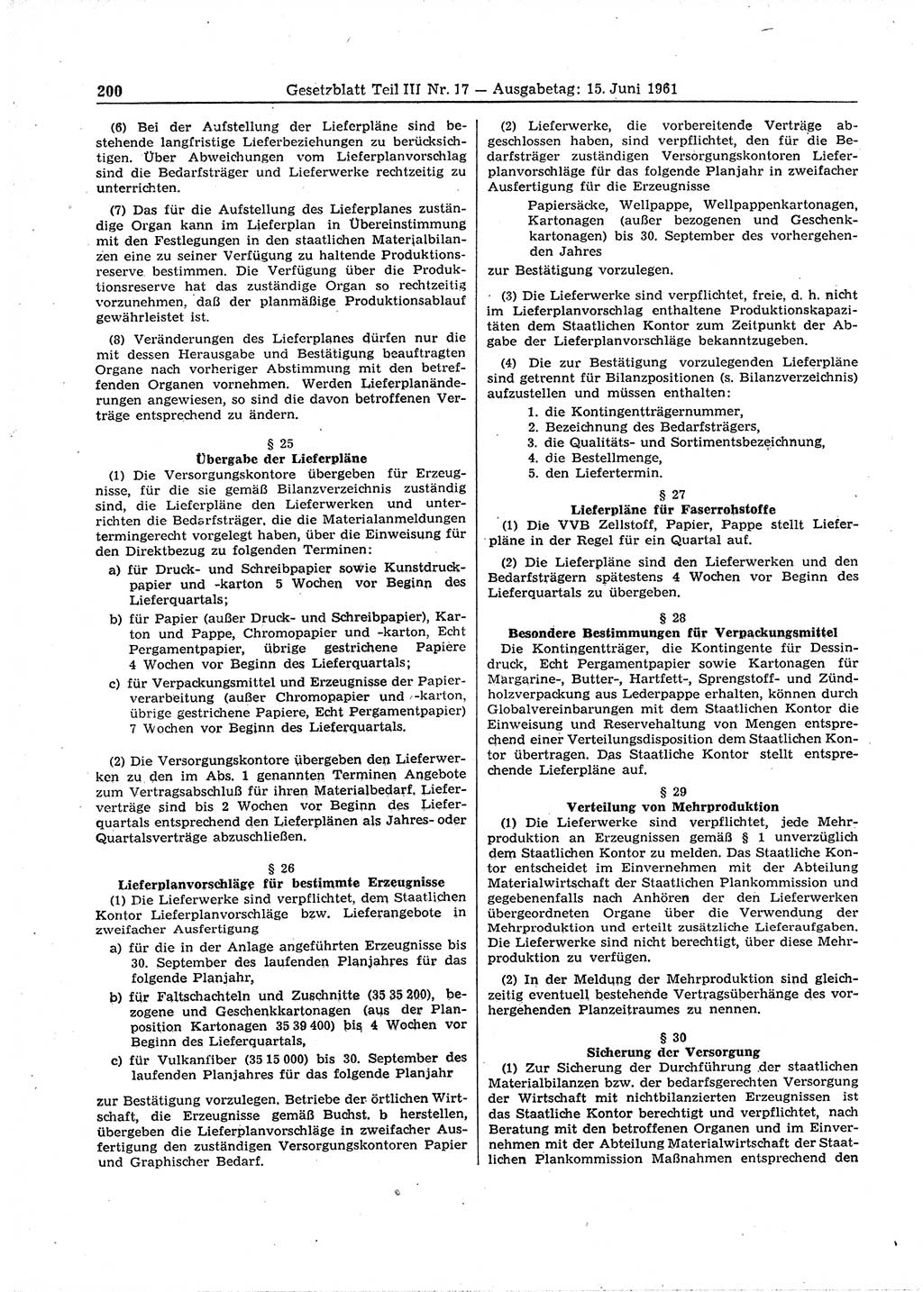 Gesetzblatt (GBl.) der Deutschen Demokratischen Republik (DDR) Teil ⅠⅠⅠ 1961, Seite 200 (GBl. DDR ⅠⅠⅠ 1961, S. 200)