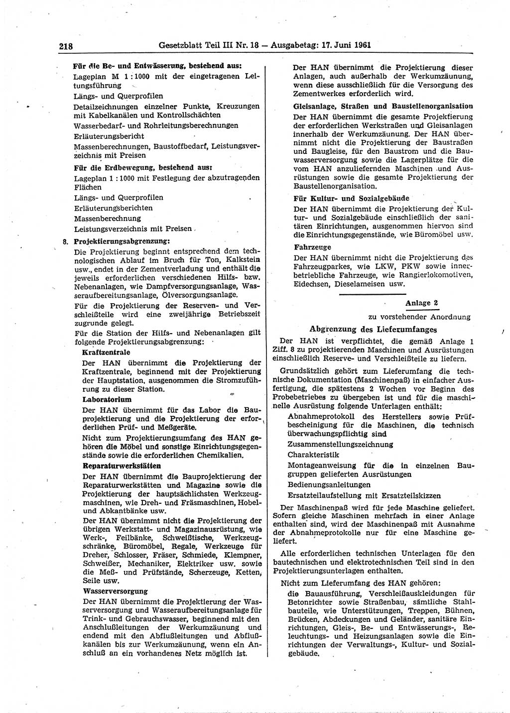 Gesetzblatt (GBl.) der Deutschen Demokratischen Republik (DDR) Teil ⅠⅠⅠ 1961, Seite 218 (GBl. DDR ⅠⅠⅠ 1961, S. 218)