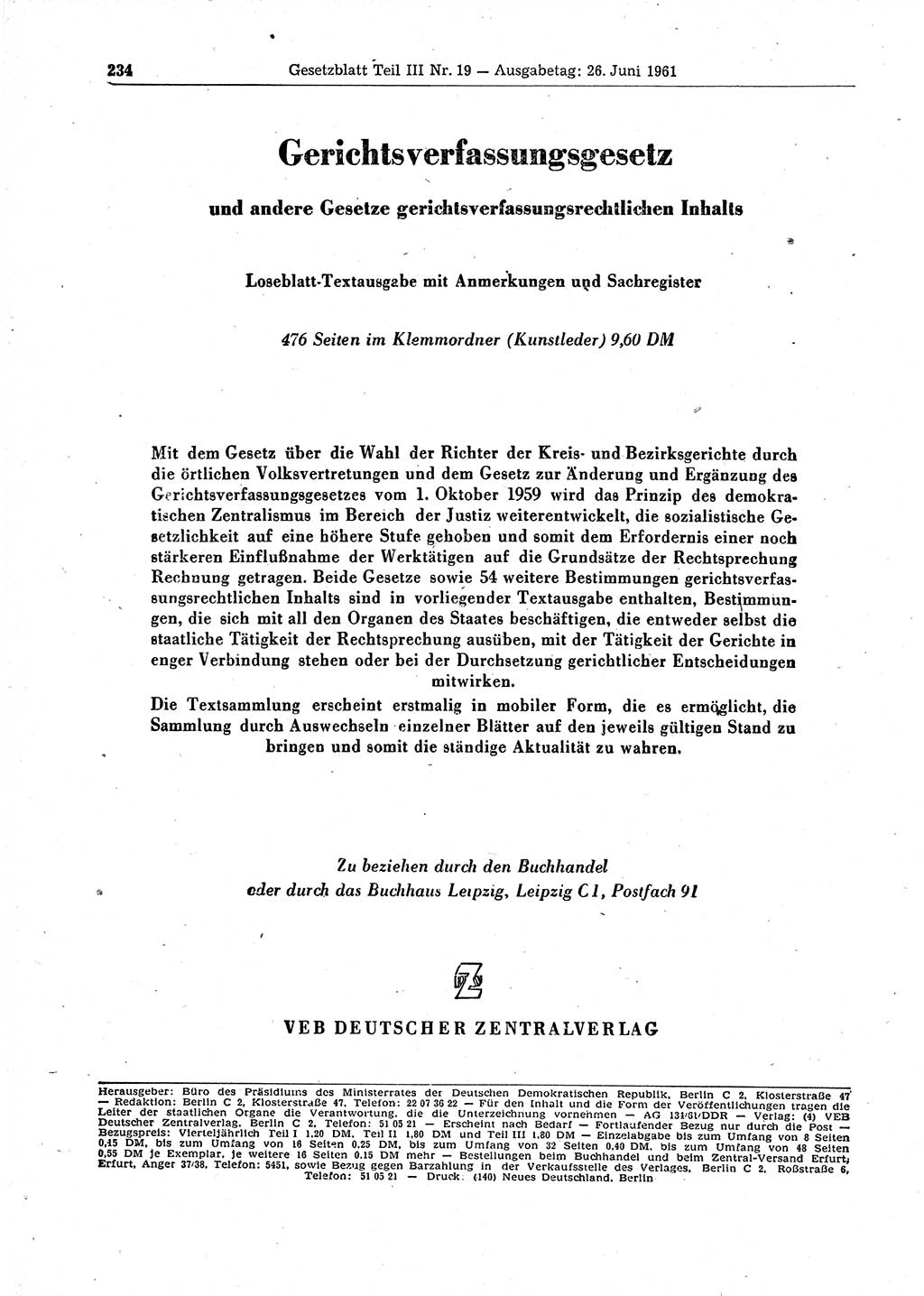 Gesetzblatt (GBl.) der Deutschen Demokratischen Republik (DDR) Teil ⅠⅠⅠ 1961, Seite 234 (GBl. DDR ⅠⅠⅠ 1961, S. 234)