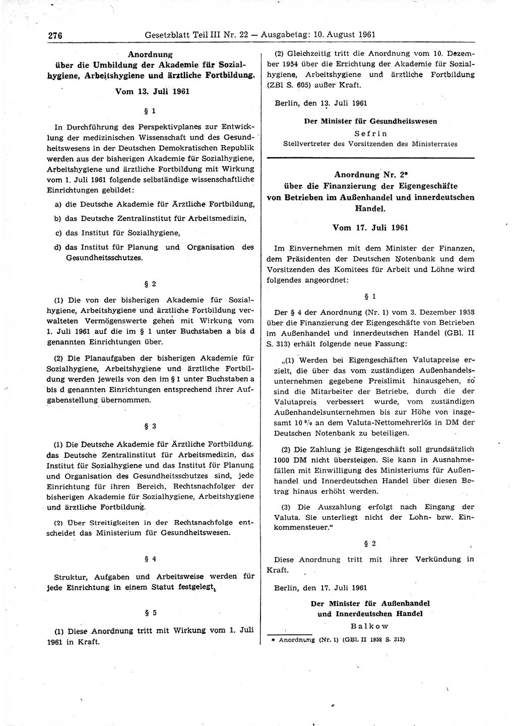 Gesetzblatt (GBl.) der Deutschen Demokratischen Republik (DDR) Teil ⅠⅠⅠ 1961, Seite 276 (GBl. DDR ⅠⅠⅠ 1961, S. 276)