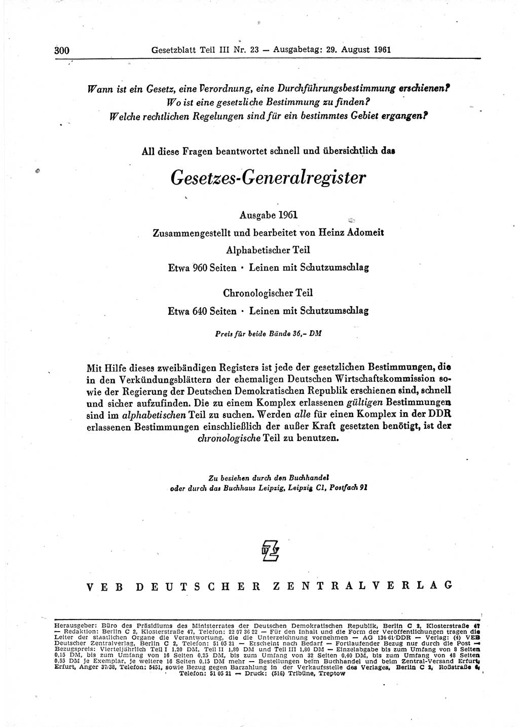Gesetzblatt (GBl.) der Deutschen Demokratischen Republik (DDR) Teil ⅠⅠⅠ 1961, Seite 300 (GBl. DDR ⅠⅠⅠ 1961, S. 300)