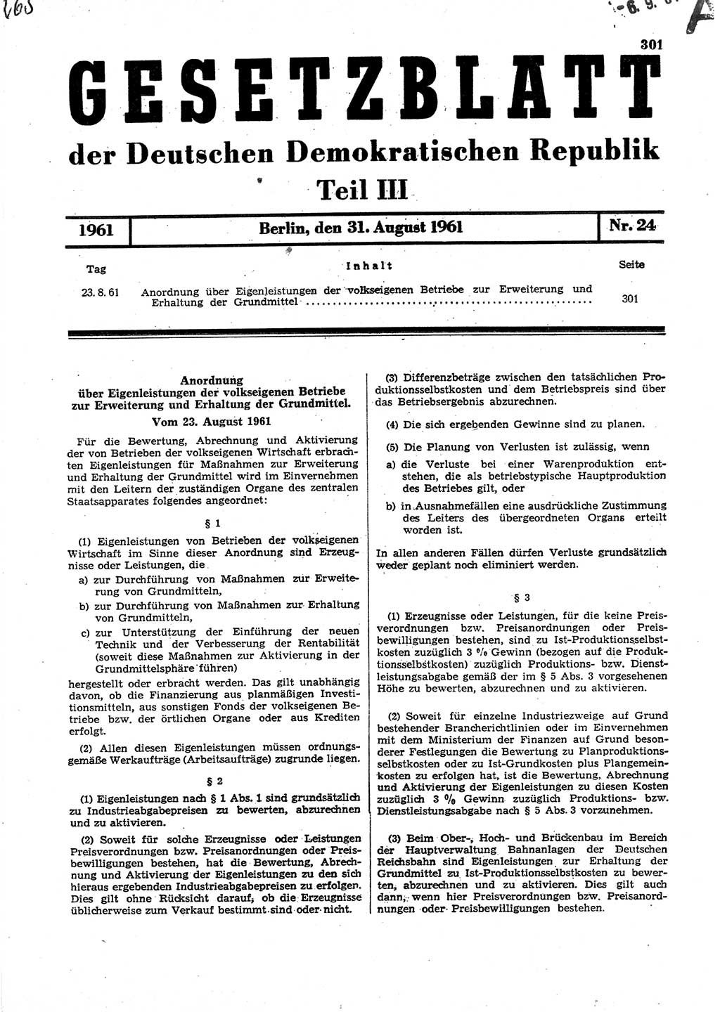 Gesetzblatt (GBl.) der Deutschen Demokratischen Republik (DDR) Teil ⅠⅠⅠ 1961, Seite 301 (GBl. DDR ⅠⅠⅠ 1961, S. 301)