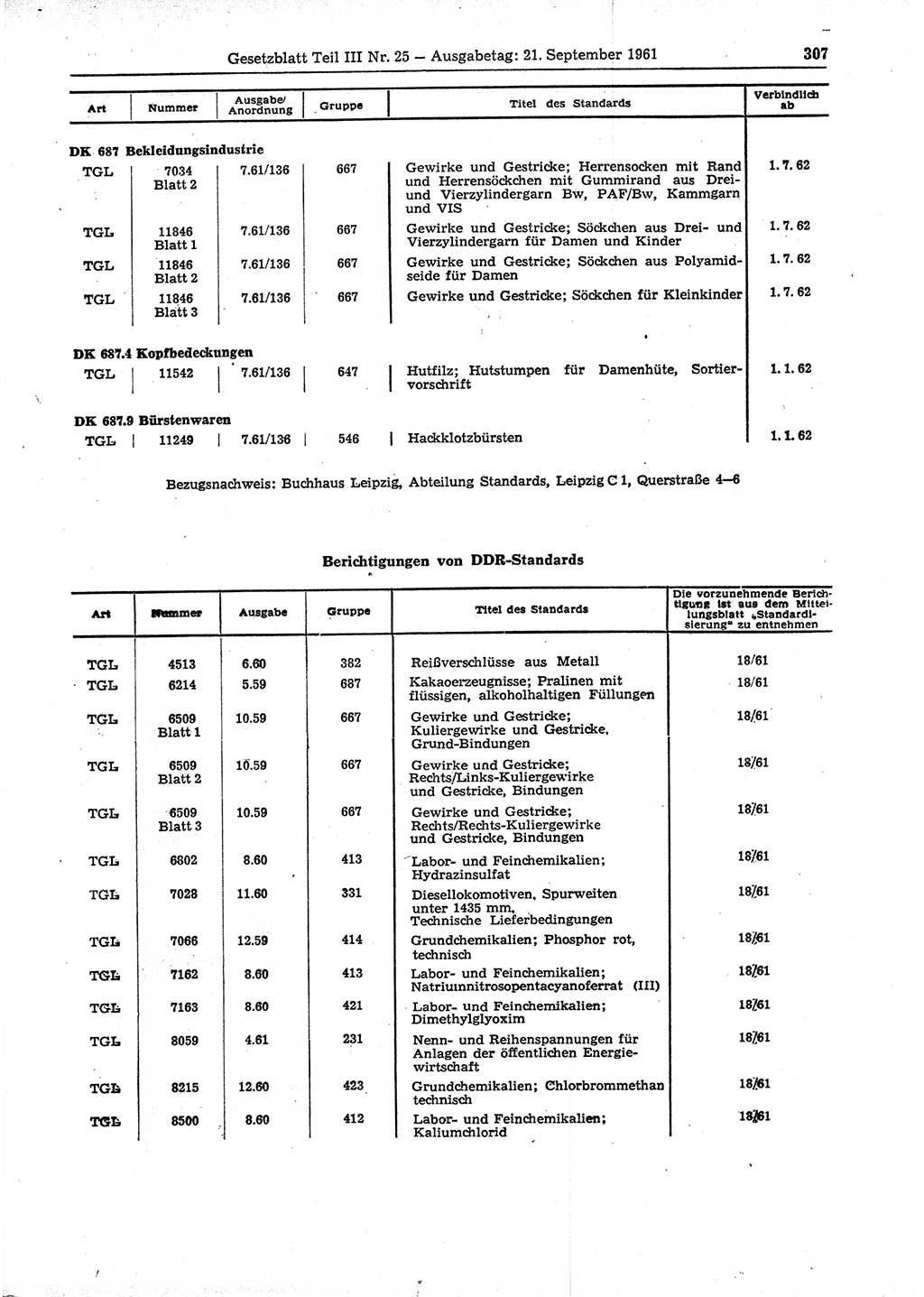 Gesetzblatt (GBl.) der Deutschen Demokratischen Republik (DDR) Teil ⅠⅠⅠ 1961, Seite 307 (GBl. DDR ⅠⅠⅠ 1961, S. 307)