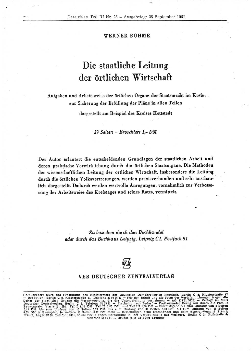 Gesetzblatt (GBl.) der Deutschen Demokratischen Republik (DDR) Teil ⅠⅠⅠ 1961, Seite 326 (GBl. DDR ⅠⅠⅠ 1961, S. 326)