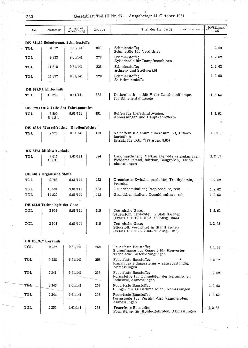 Gesetzblatt (GBl.) der Deutschen Demokratischen Republik (DDR) Teil ⅠⅠⅠ 1961, Seite 332 (GBl. DDR ⅠⅠⅠ 1961, S. 332)