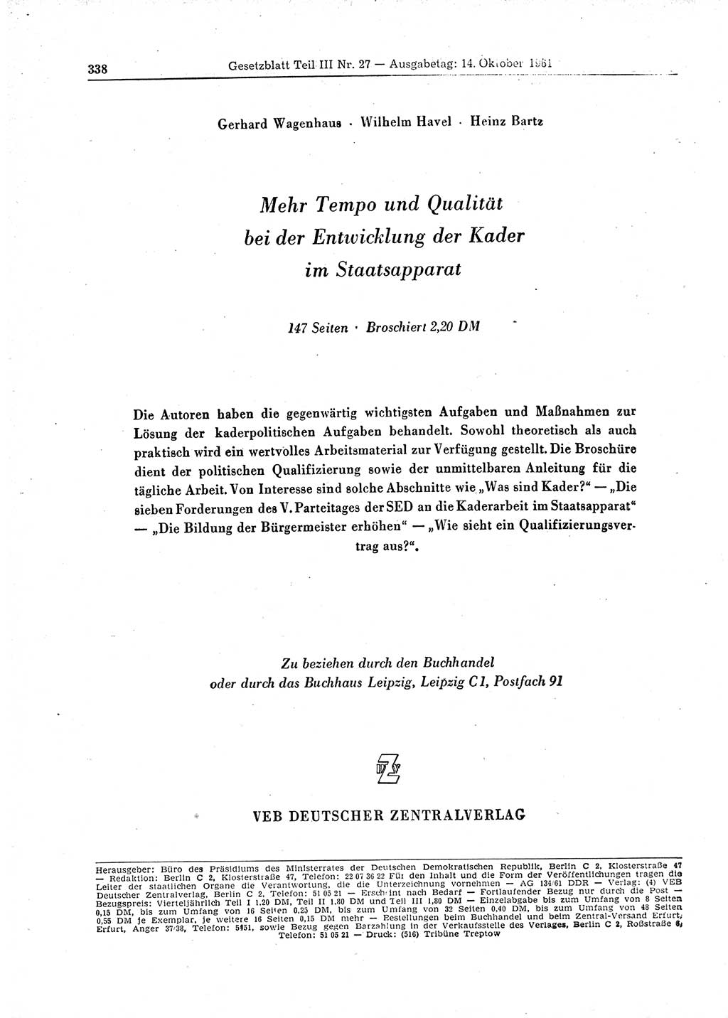 Gesetzblatt (GBl.) der Deutschen Demokratischen Republik (DDR) Teil ⅠⅠⅠ 1961, Seite 338 (GBl. DDR ⅠⅠⅠ 1961, S. 338)