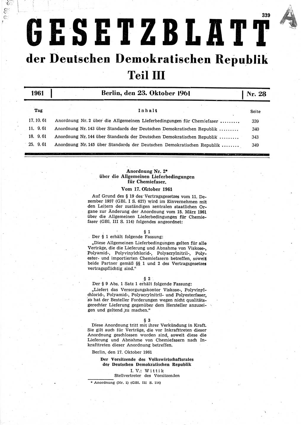 Gesetzblatt (GBl.) der Deutschen Demokratischen Republik (DDR) Teil ⅠⅠⅠ 1961, Seite 339 (GBl. DDR ⅠⅠⅠ 1961, S. 339)