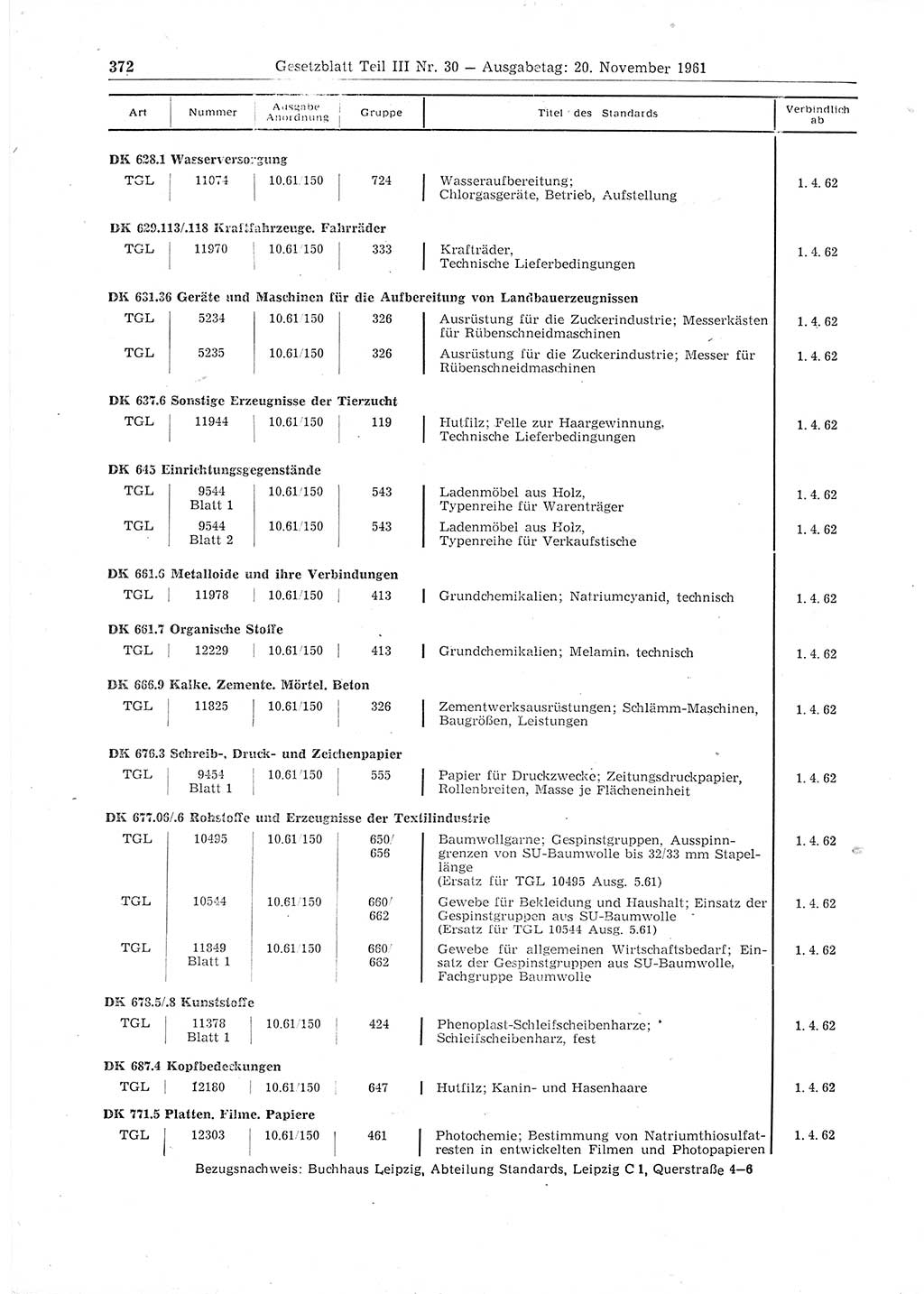 Gesetzblatt (GBl.) der Deutschen Demokratischen Republik (DDR) Teil ⅠⅠⅠ 1961, Seite 372 (GBl. DDR ⅠⅠⅠ 1961, S. 372)