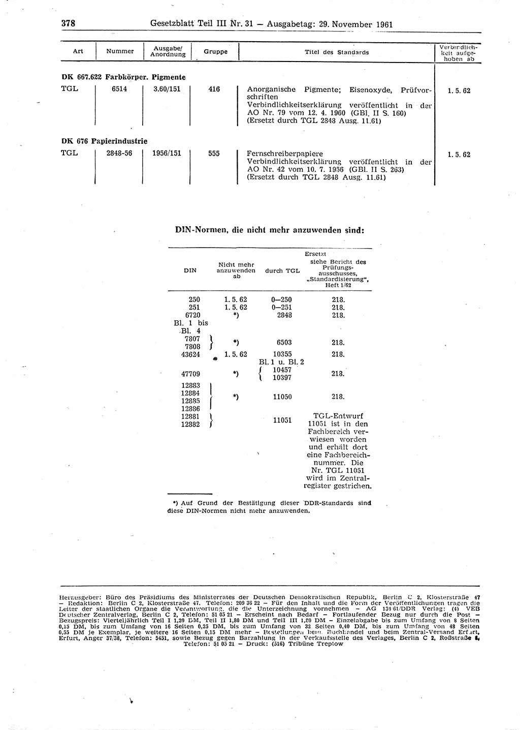 Gesetzblatt (GBl.) der Deutschen Demokratischen Republik (DDR) Teil ⅠⅠⅠ 1961, Seite 378 (GBl. DDR ⅠⅠⅠ 1961, S. 378)