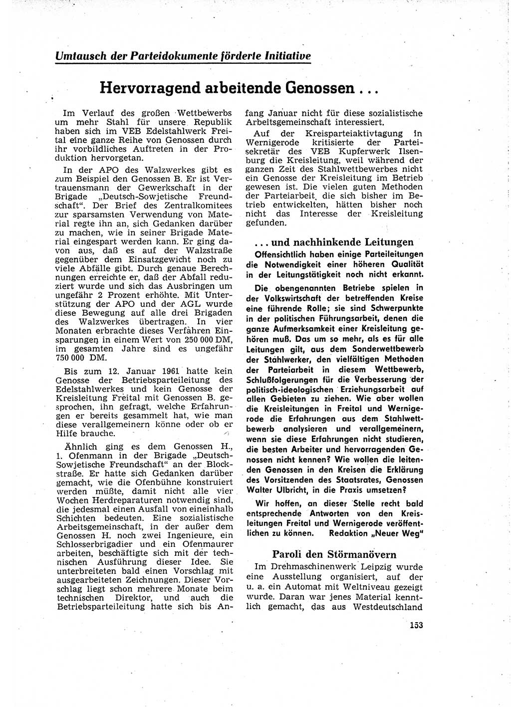 Neuer Weg (NW), Organ des Zentralkomitees (ZK) der SED (Sozialistische Einheitspartei Deutschlands) für Fragen des Parteilebens, 16. Jahrgang [Deutsche Demokratische Republik (DDR)] 1961, Seite 153 (NW ZK SED DDR 1961, S. 153)