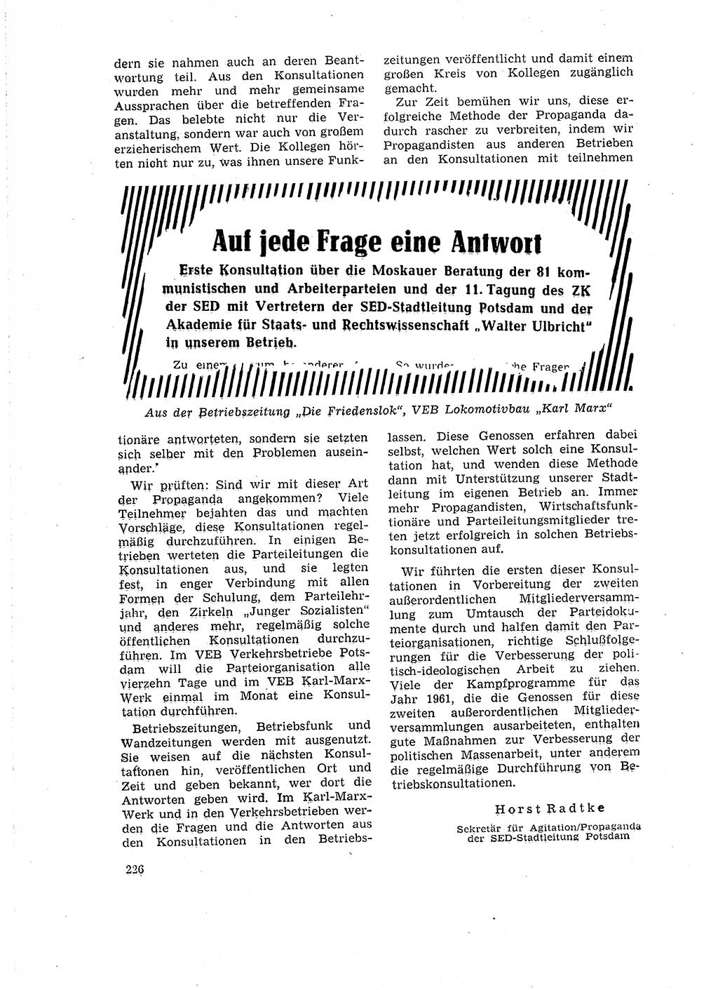 Neuer Weg (NW), Organ des Zentralkomitees (ZK) der SED (Sozialistische Einheitspartei Deutschlands) für Fragen des Parteilebens, 16. Jahrgang [Deutsche Demokratische Republik (DDR)] 1961, Seite 226 (NW ZK SED DDR 1961, S. 226)