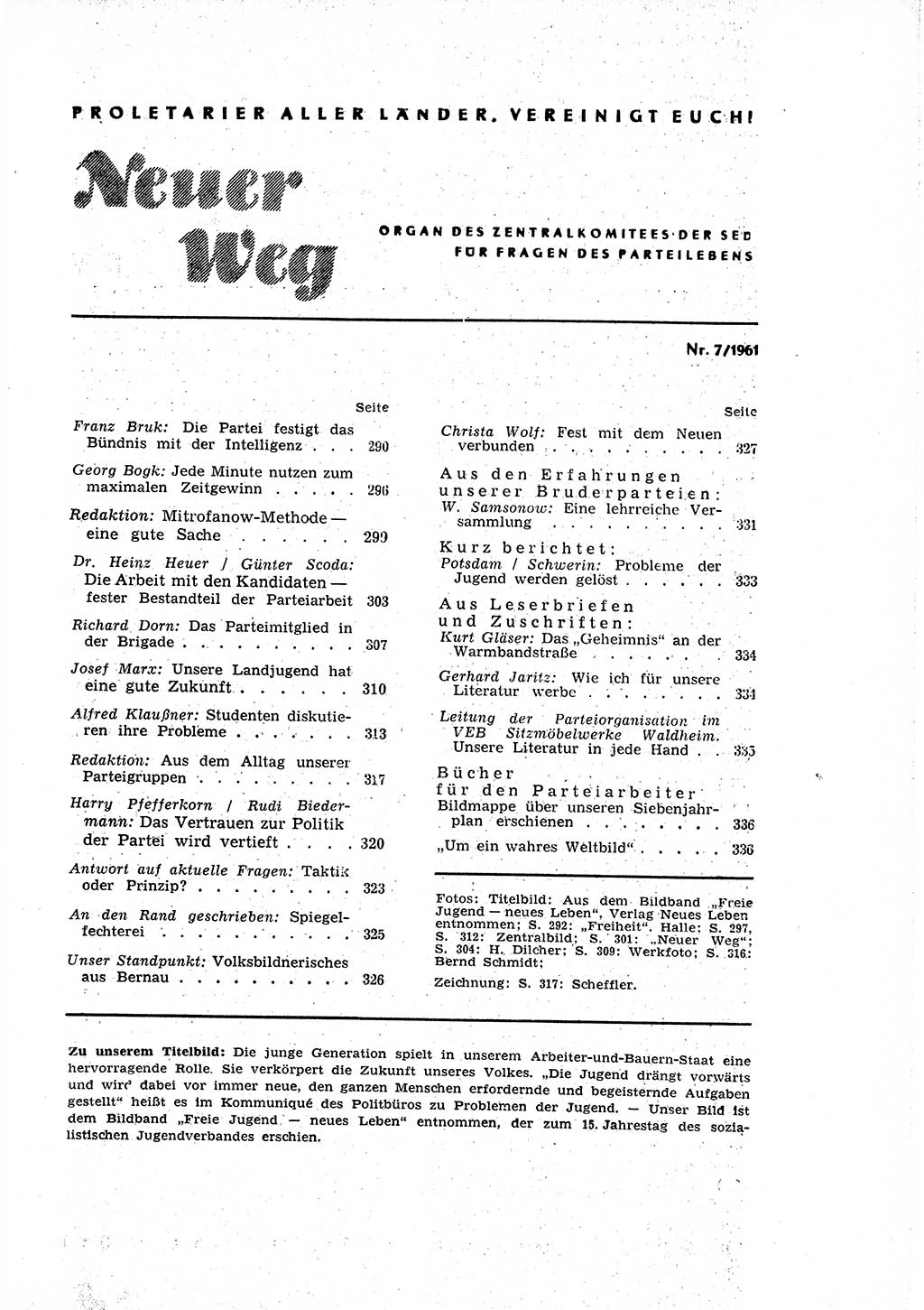 Neuer Weg (NW), Organ des Zentralkomitees (ZK) der SED (Sozialistische Einheitspartei Deutschlands) für Fragen des Parteilebens, 16. Jahrgang [Deutsche Demokratische Republik (DDR)] 1961, Seite 289 (NW ZK SED DDR 1961, S. 289)