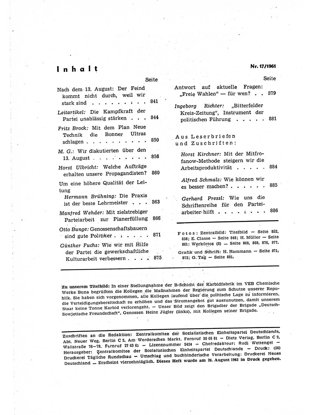 Neuer Weg (NW), Organ des Zentralkomitees (ZK) der SED (Sozialistische Einheitspartei Deutschlands) für Fragen des Parteilebens, 16. Jahrgang [Deutsche Demokratische Republik (DDR)] 1961, Seite 888 (NW ZK SED DDR 1961, S. 888)