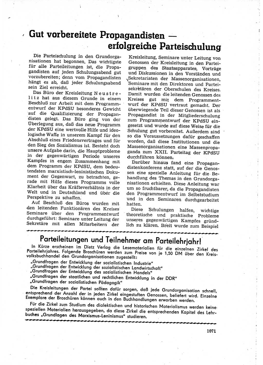 Neuer Weg (NW), Organ des Zentralkomitees (ZK) der SED (Sozialistische Einheitspartei Deutschlands) für Fragen des Parteilebens, 16. Jahrgang [Deutsche Demokratische Republik (DDR)] 1961, Seite 1071 (NW ZK SED DDR 1961, S. 1071)