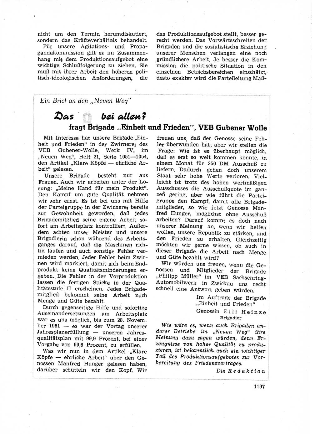 Neuer Weg (NW), Organ des Zentralkomitees (ZK) der SED (Sozialistische Einheitspartei Deutschlands) für Fragen des Parteilebens, 16. Jahrgang [Deutsche Demokratische Republik (DDR)] 1961, Seite 1197 (NW ZK SED DDR 1961, S. 1197)