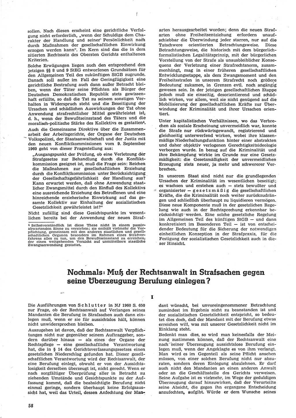 Neue Justiz (NJ), Zeitschrift für Recht und Rechtswissenschaft [Deutsche Demokratische Republik (DDR)], 15. Jahrgang 1961, Seite 58 (NJ DDR 1961, S. 58)