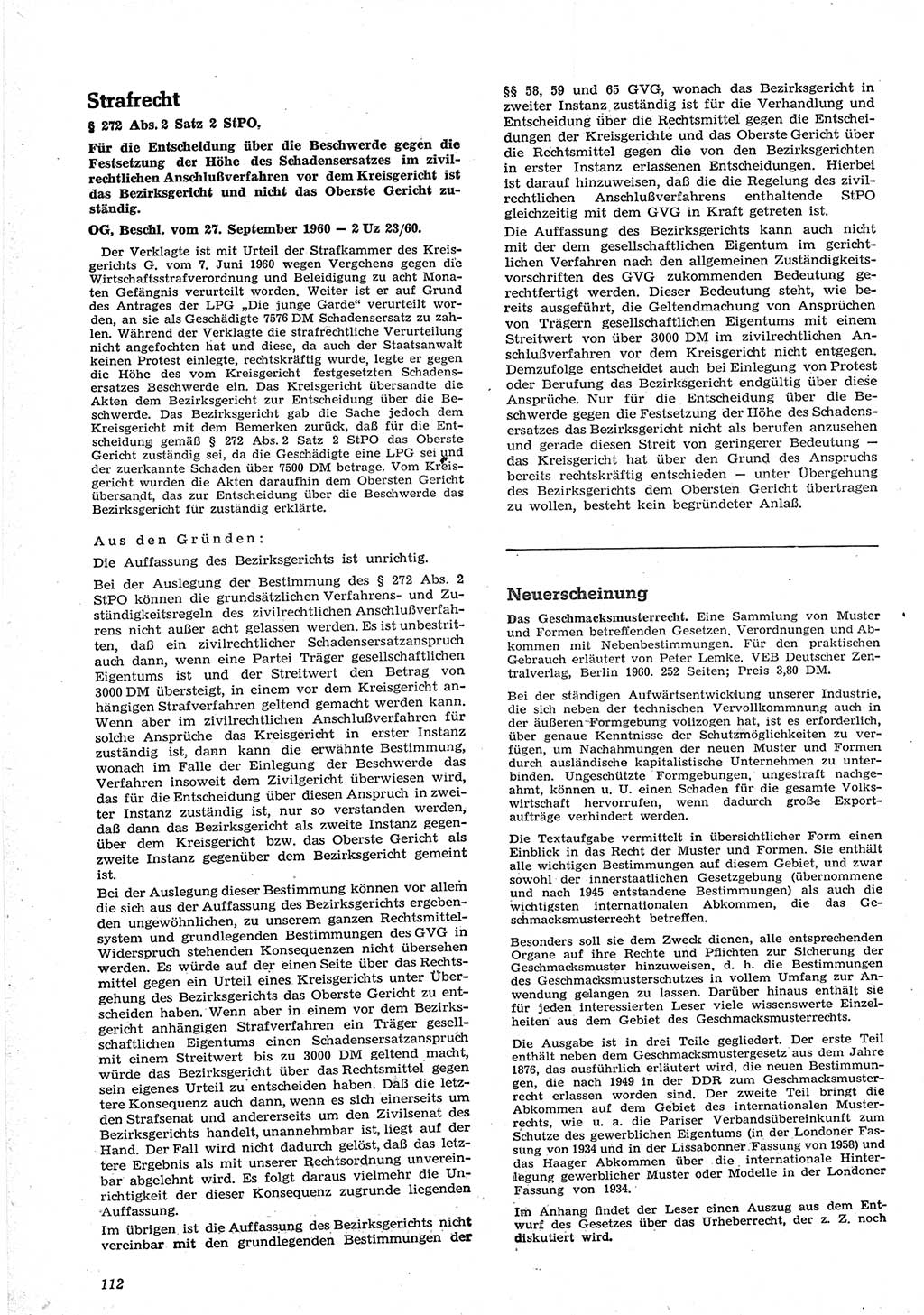 Neue Justiz (NJ), Zeitschrift für Recht und Rechtswissenschaft [Deutsche Demokratische Republik (DDR)], 15. Jahrgang 1961, Seite 112 (NJ DDR 1961, S. 112)