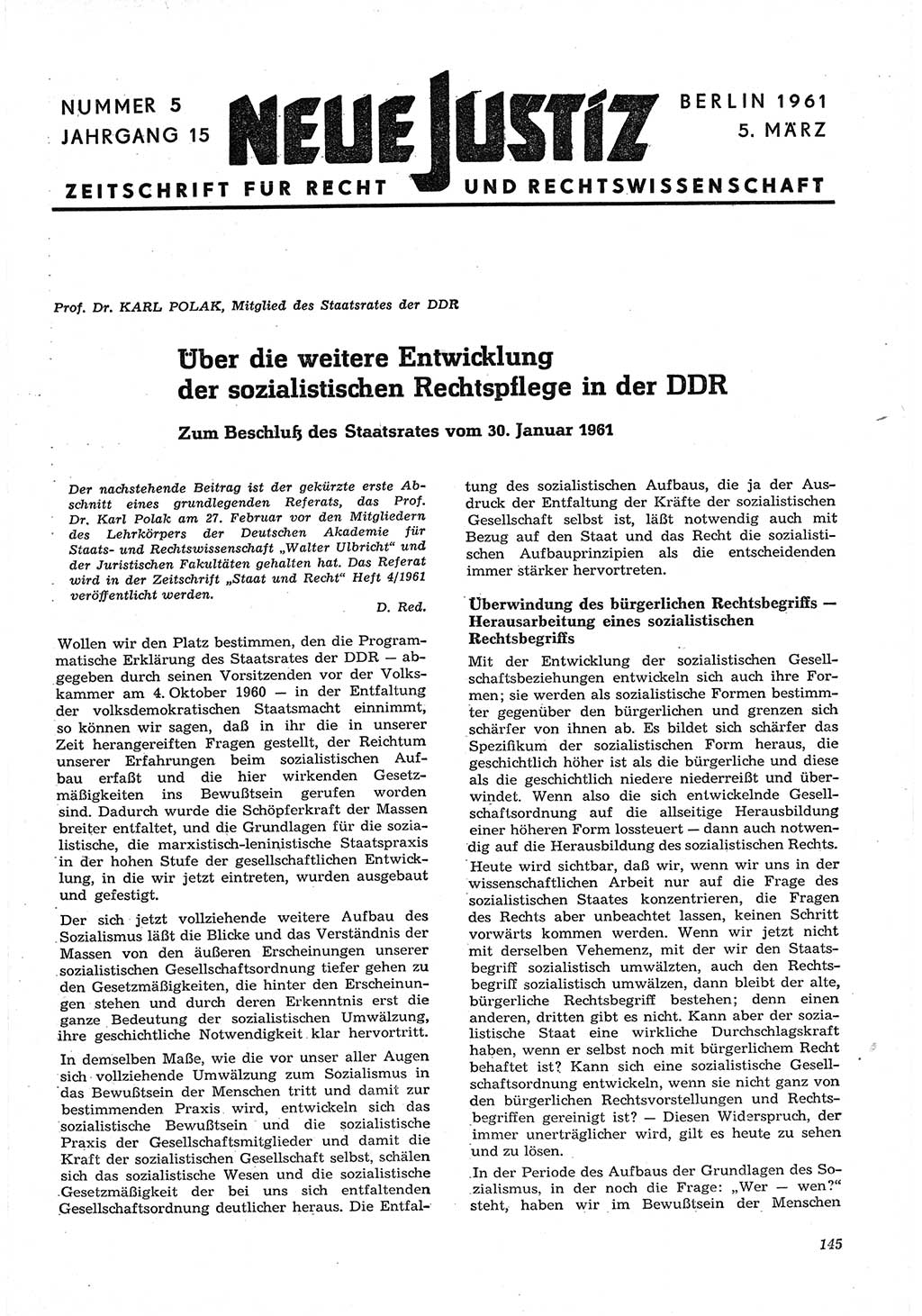 Neue Justiz (NJ), Zeitschrift für Recht und Rechtswissenschaft [Deutsche Demokratische Republik (DDR)], 15. Jahrgang 1961, Seite 145 (NJ DDR 1961, S. 145)