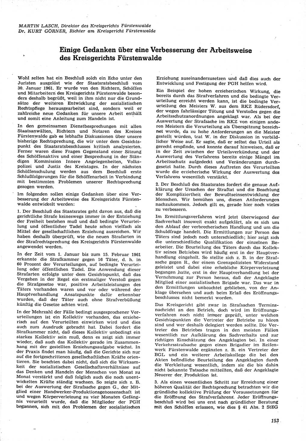 Neue Justiz (NJ), Zeitschrift für Recht und Rechtswissenschaft [Deutsche Demokratische Republik (DDR)], 15. Jahrgang 1961, Seite 153 (NJ DDR 1961, S. 153)