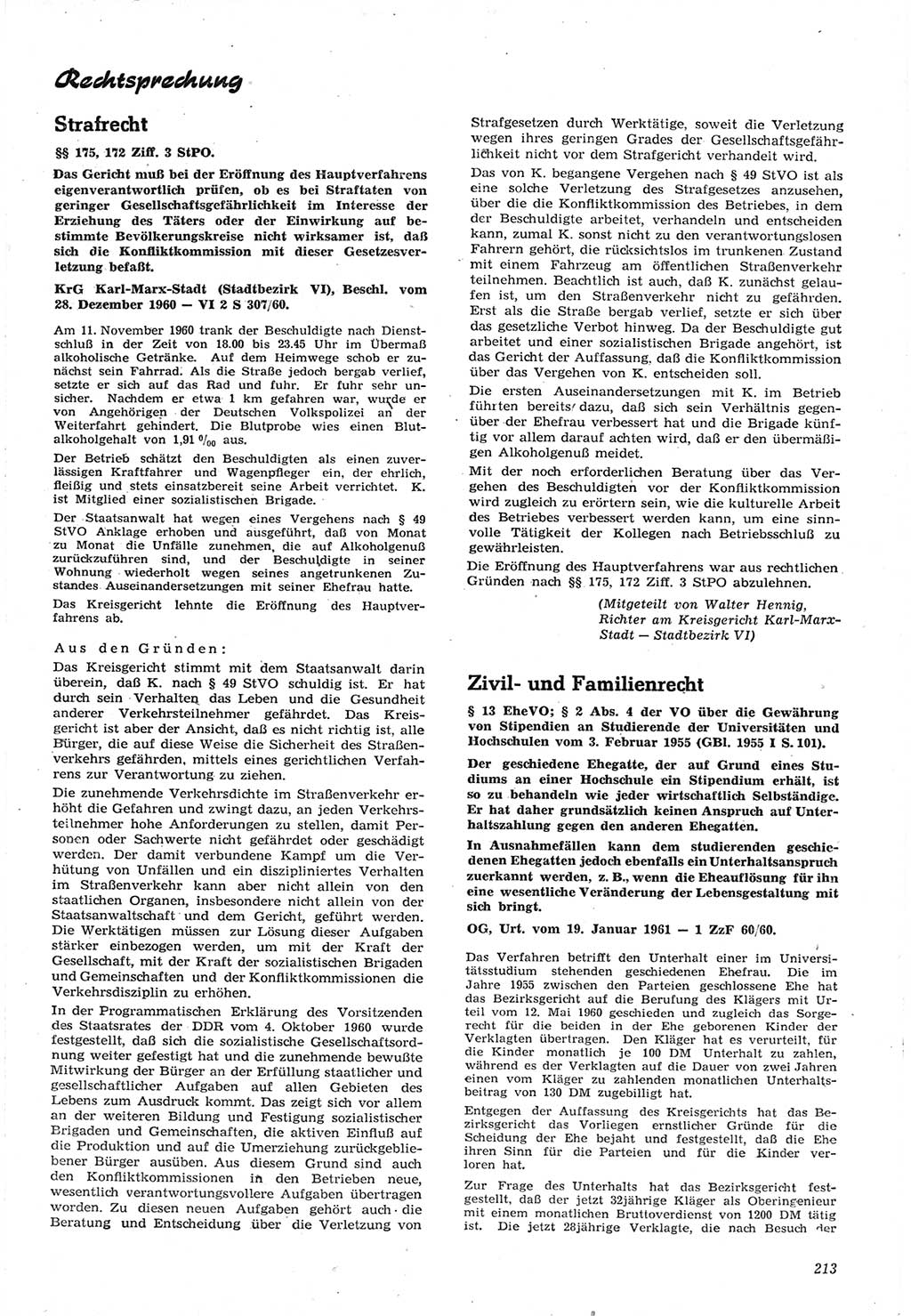 Neue Justiz (NJ), Zeitschrift für Recht und Rechtswissenschaft [Deutsche Demokratische Republik (DDR)], 15. Jahrgang 1961, Seite 213 (NJ DDR 1961, S. 213)