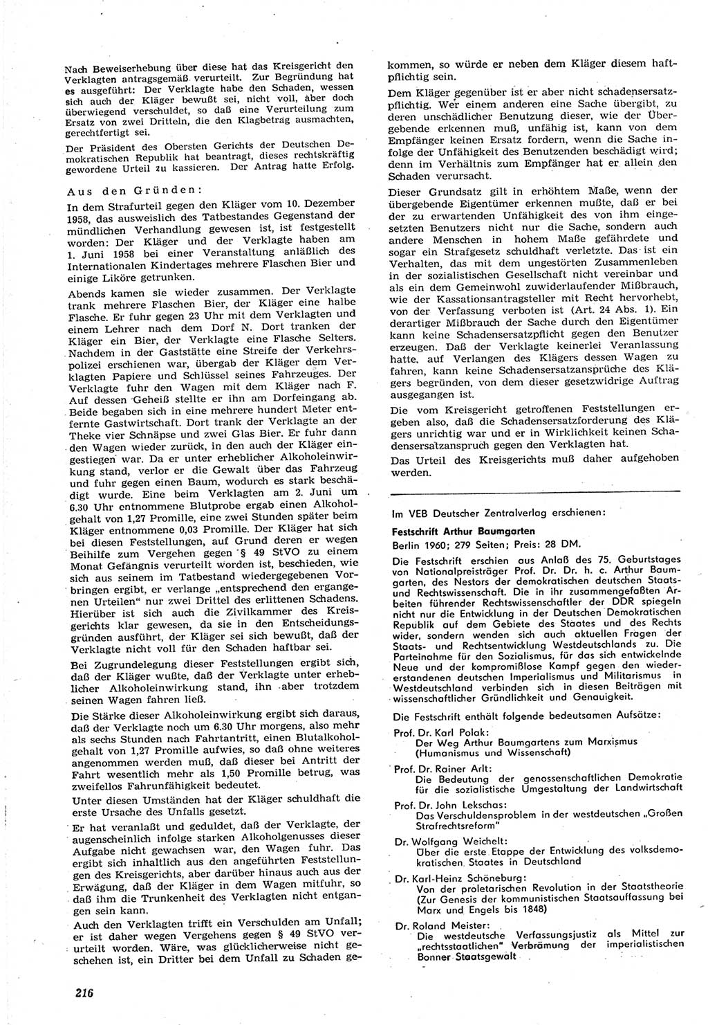 Neue Justiz (NJ), Zeitschrift für Recht und Rechtswissenschaft [Deutsche Demokratische Republik (DDR)], 15. Jahrgang 1961, Seite 216 (NJ DDR 1961, S. 216)