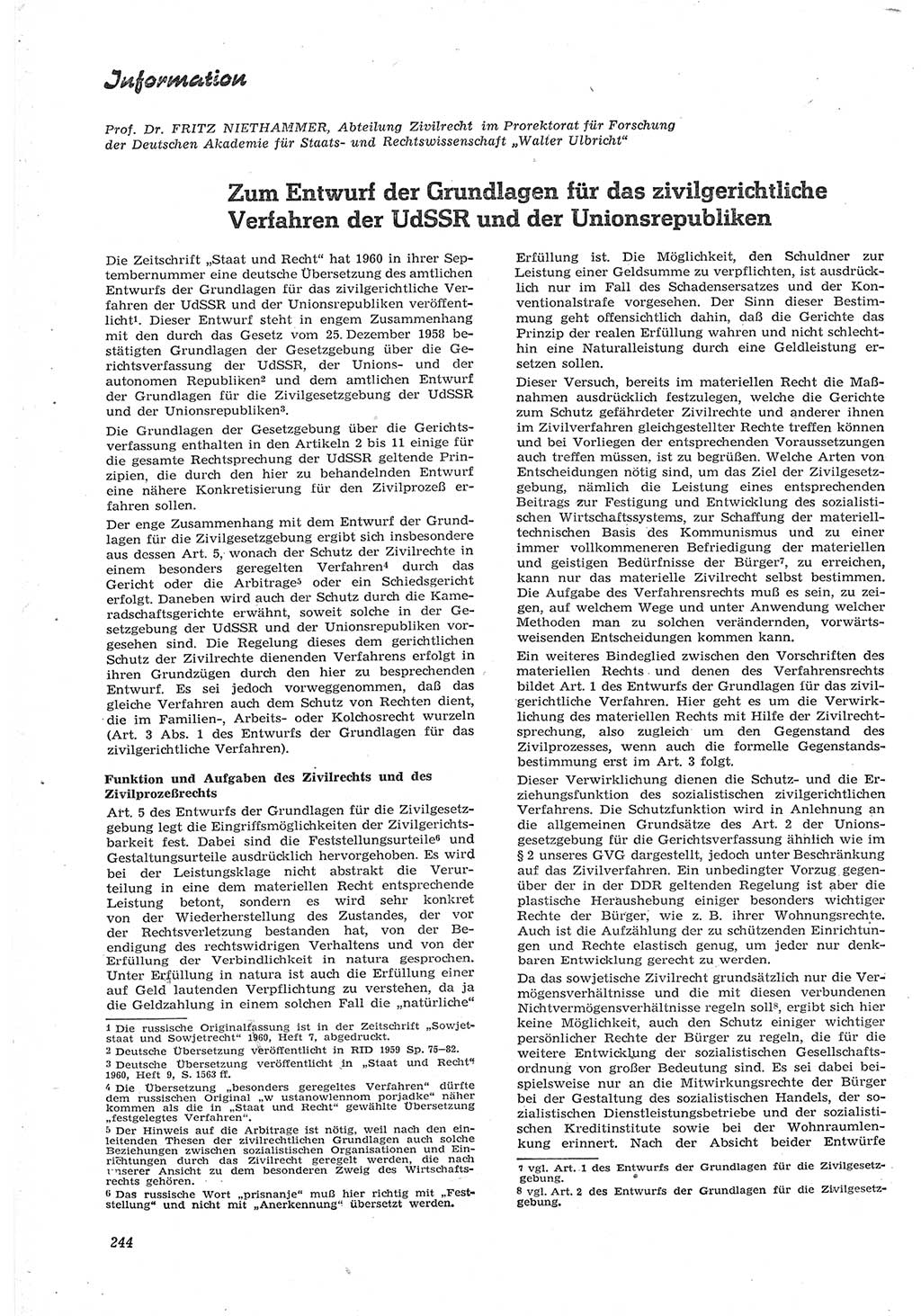 Neue Justiz (NJ), Zeitschrift für Recht und Rechtswissenschaft [Deutsche Demokratische Republik (DDR)], 15. Jahrgang 1961, Seite 244 (NJ DDR 1961, S. 244)