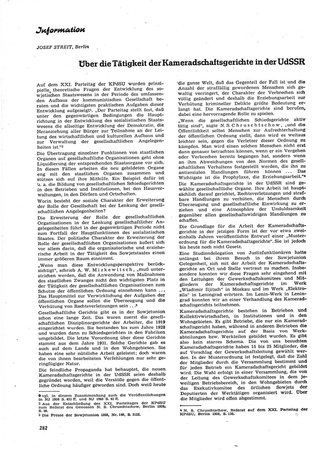 Neue Justiz (NJ), Zeitschrift für Recht und Rechtswissenschaft [Deutsche Demokratische Republik (DDR)], 15. Jahrgang 1961, Seite 282 (NJ DDR 1961, S. 282)