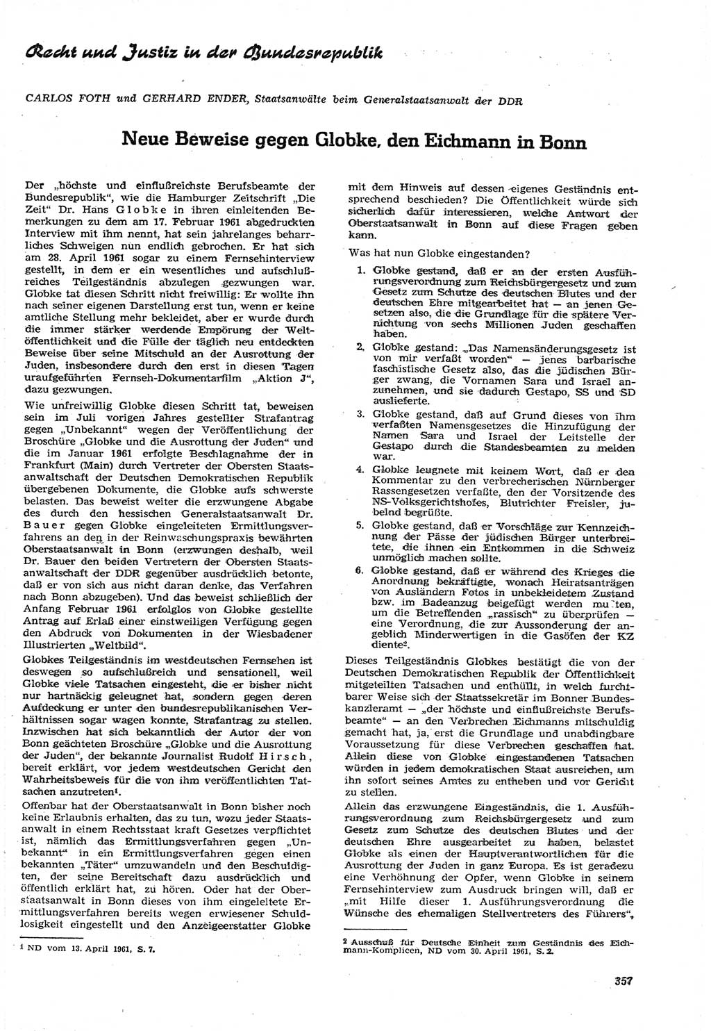 Neue Justiz (NJ), Zeitschrift für Recht und Rechtswissenschaft [Deutsche Demokratische Republik (DDR)], 15. Jahrgang 1961, Seite 357 (NJ DDR 1961, S. 357)