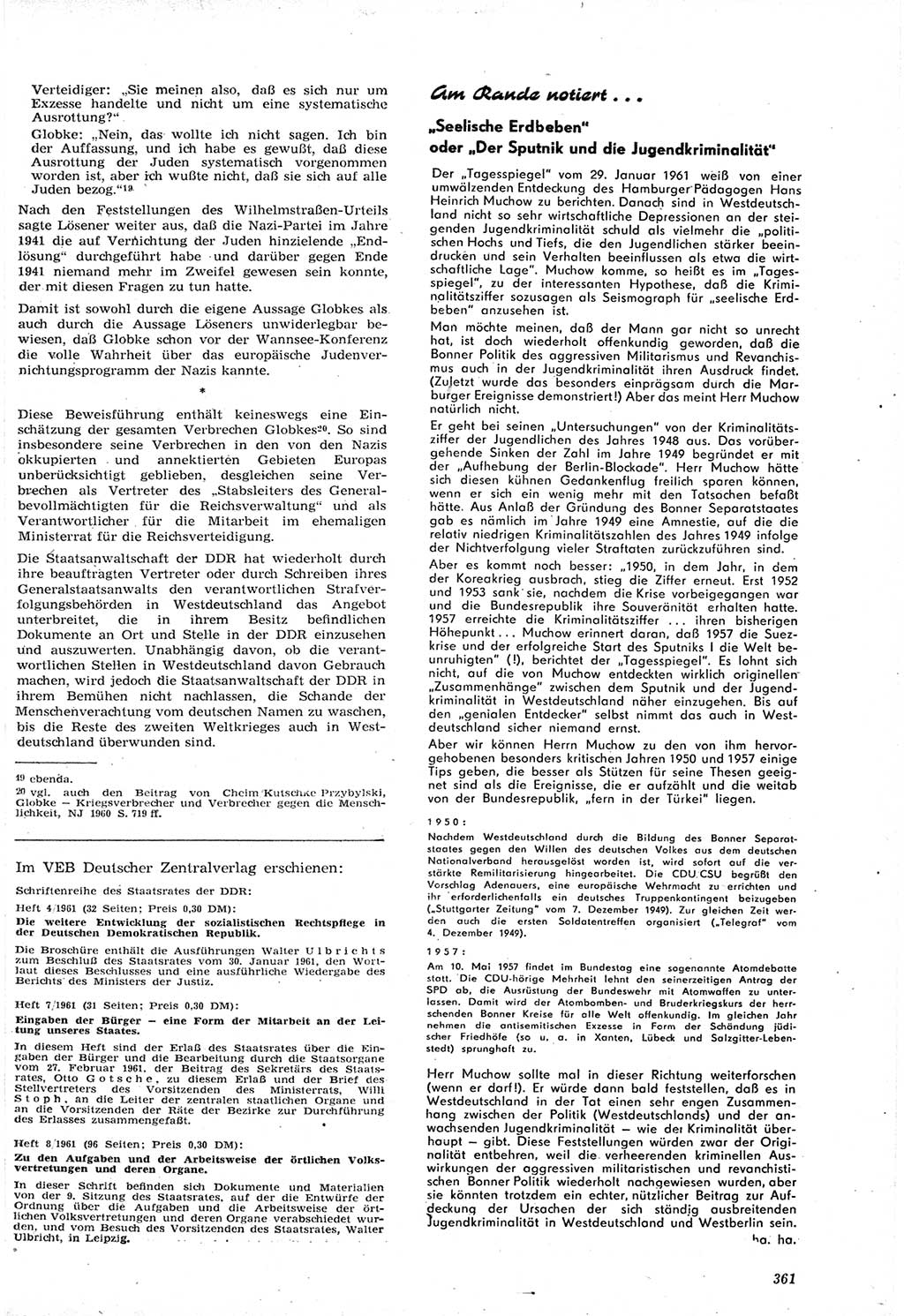 Neue Justiz (NJ), Zeitschrift für Recht und Rechtswissenschaft [Deutsche Demokratische Republik (DDR)], 15. Jahrgang 1961, Seite 361 (NJ DDR 1961, S. 361)