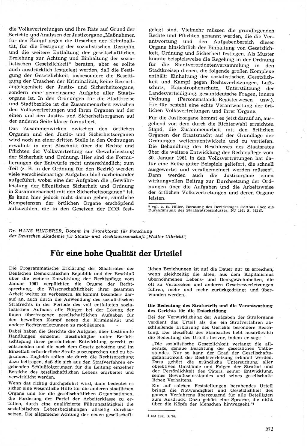 Neue Justiz (NJ), Zeitschrift für Recht und Rechtswissenschaft [Deutsche Demokratische Republik (DDR)], 15. Jahrgang 1961, Seite 371 (NJ DDR 1961, S. 371)