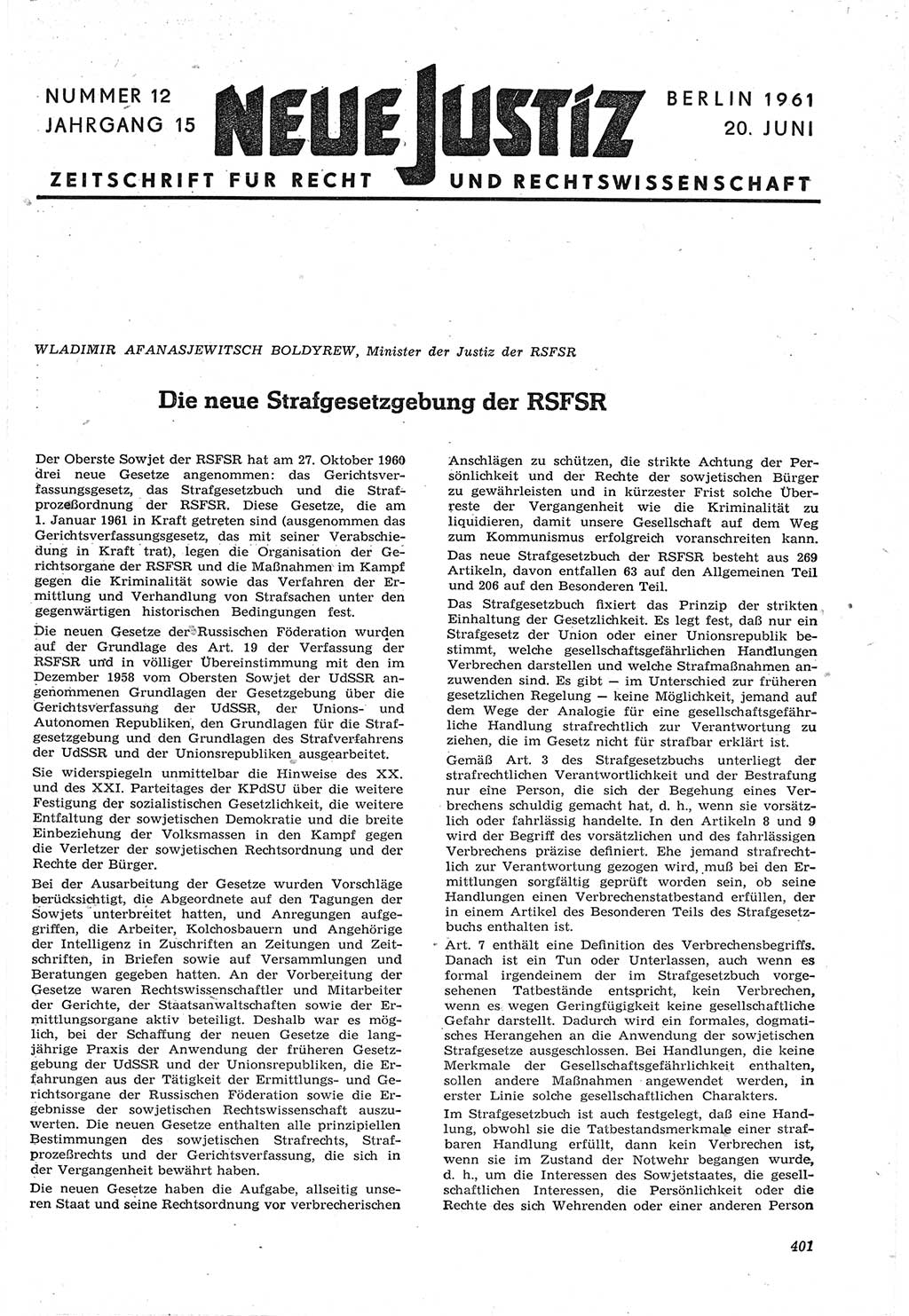 Neue Justiz (NJ), Zeitschrift für Recht und Rechtswissenschaft [Deutsche Demokratische Republik (DDR)], 15. Jahrgang 1961, Seite 401 (NJ DDR 1961, S. 401)