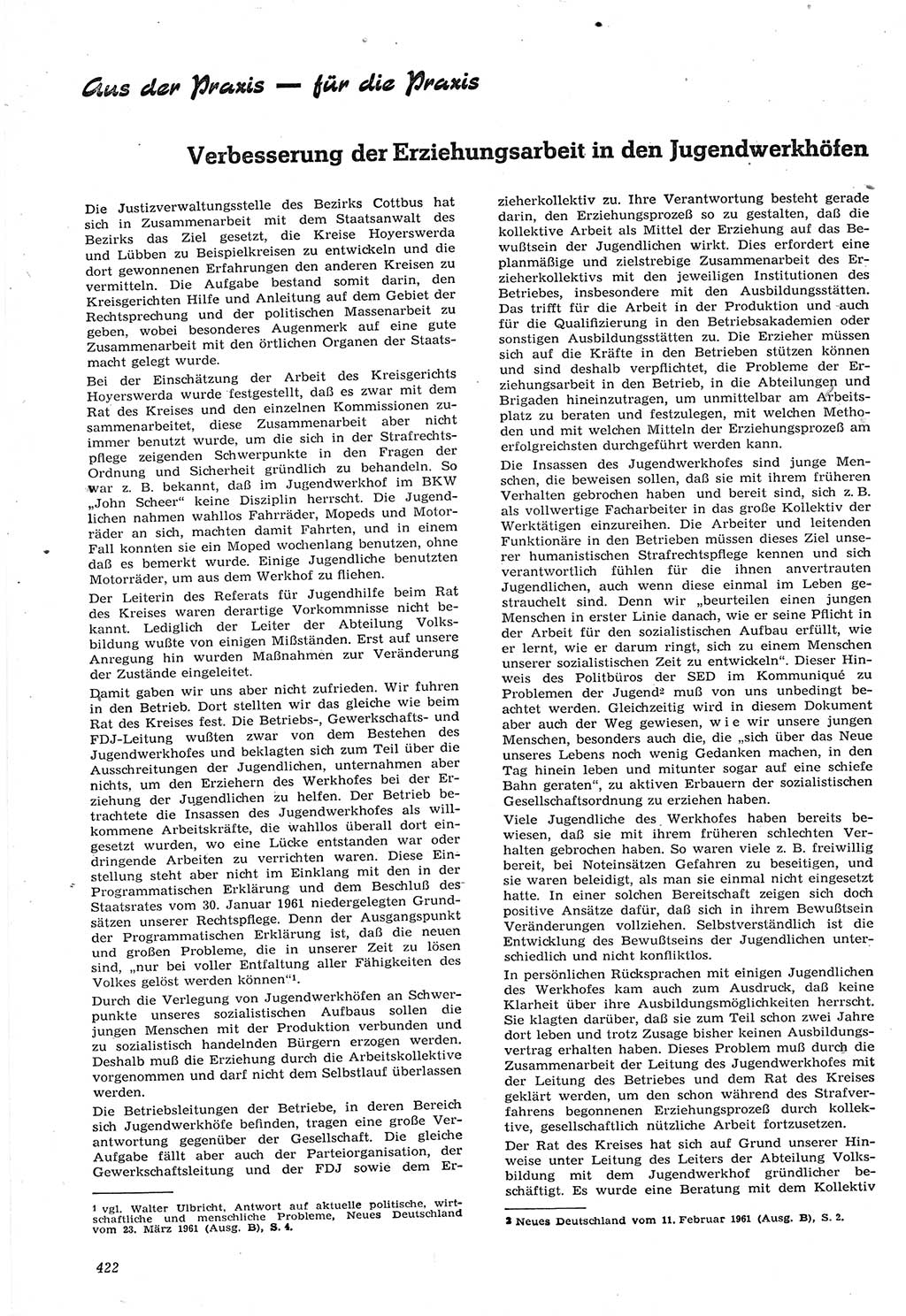 Neue Justiz (NJ), Zeitschrift für Recht und Rechtswissenschaft [Deutsche Demokratische Republik (DDR)], 15. Jahrgang 1961, Seite 422 (NJ DDR 1961, S. 422)