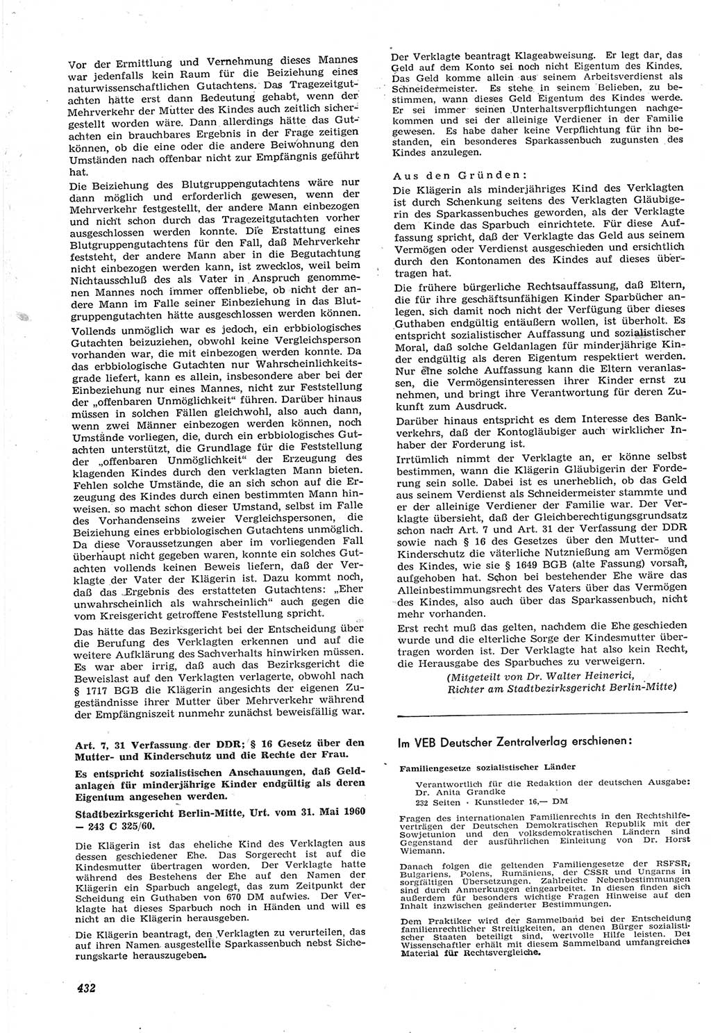 Neue Justiz (NJ), Zeitschrift für Recht und Rechtswissenschaft [Deutsche Demokratische Republik (DDR)], 15. Jahrgang 1961, Seite 432 (NJ DDR 1961, S. 432)