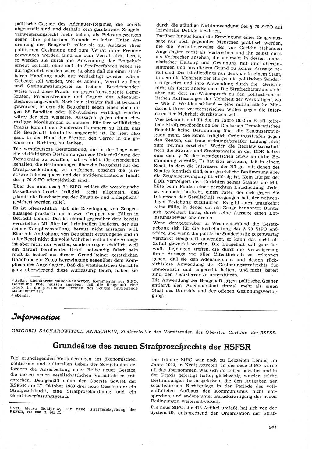 Neue Justiz (NJ), Zeitschrift für Recht und Rechtswissenschaft [Deutsche Demokratische Republik (DDR)], 15. Jahrgang 1961, Seite 541 (NJ DDR 1961, S. 541)