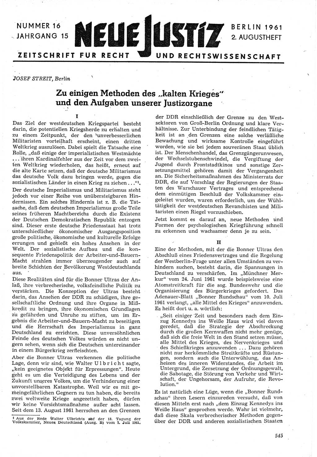 Neue Justiz (NJ), Zeitschrift für Recht und Rechtswissenschaft [Deutsche Demokratische Republik (DDR)], 15. Jahrgang 1961, Seite 545 (NJ DDR 1961, S. 545)