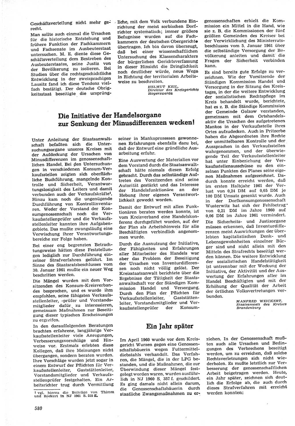 Neue Justiz (NJ), Zeitschrift für Recht und Rechtswissenschaft [Deutsche Demokratische Republik (DDR)], 15. Jahrgang 1961, Seite 580 (NJ DDR 1961, S. 580)