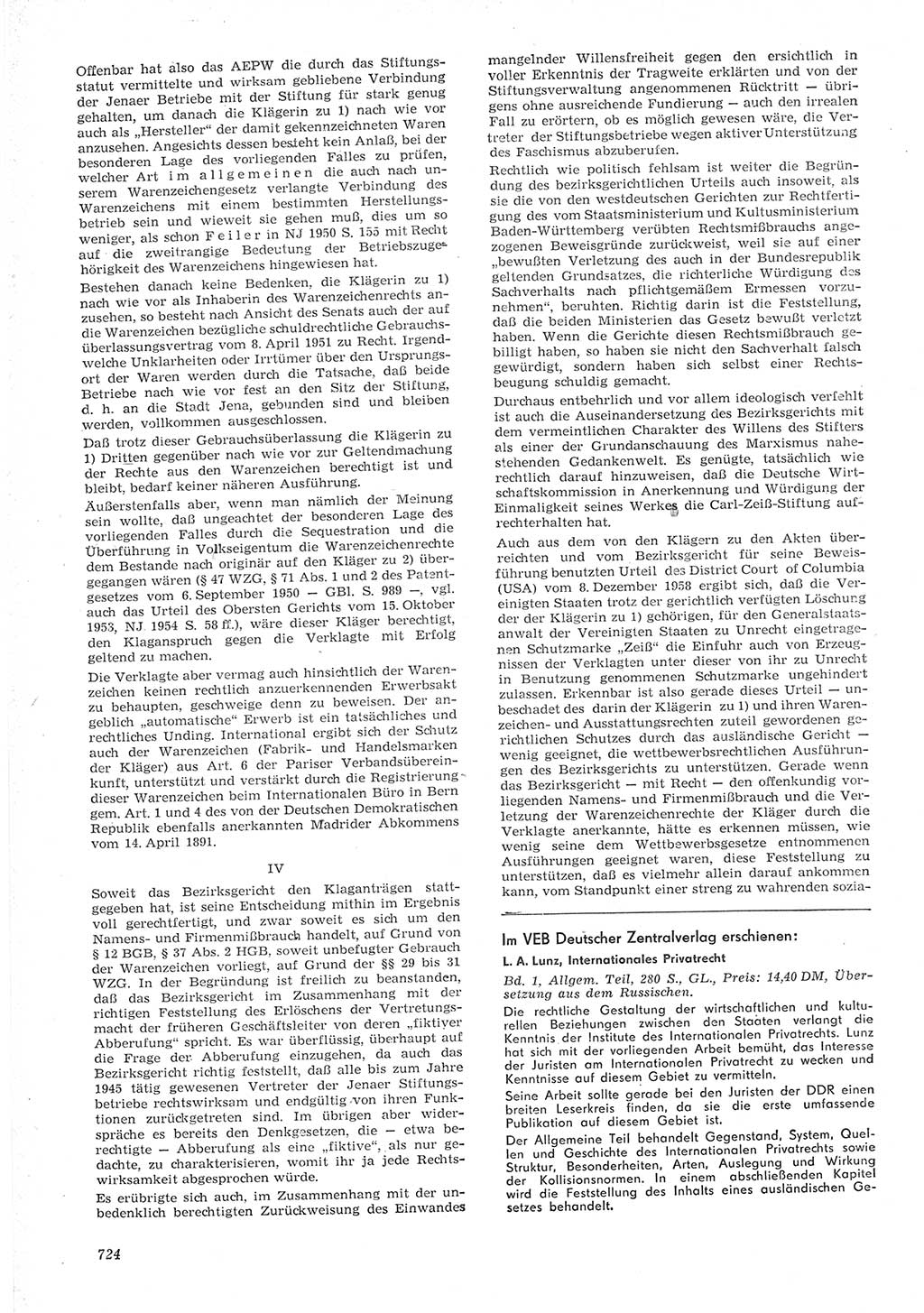 Neue Justiz (NJ), Zeitschrift für Recht und Rechtswissenschaft [Deutsche Demokratische Republik (DDR)], 15. Jahrgang 1961, Seite 724 (NJ DDR 1961, S. 724)