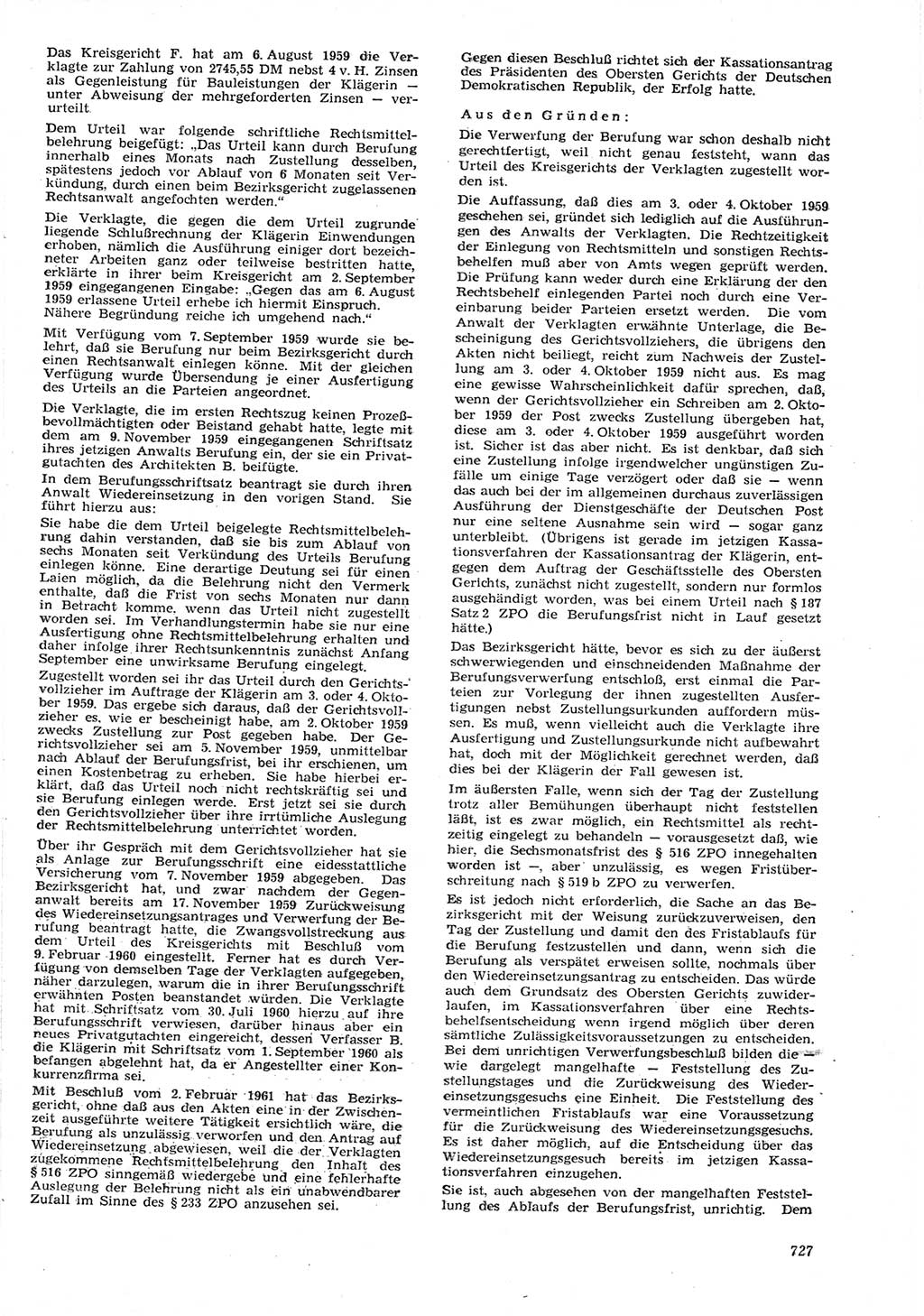 Neue Justiz (NJ), Zeitschrift für Recht und Rechtswissenschaft [Deutsche Demokratische Republik (DDR)], 15. Jahrgang 1961, Seite 727 (NJ DDR 1961, S. 727)