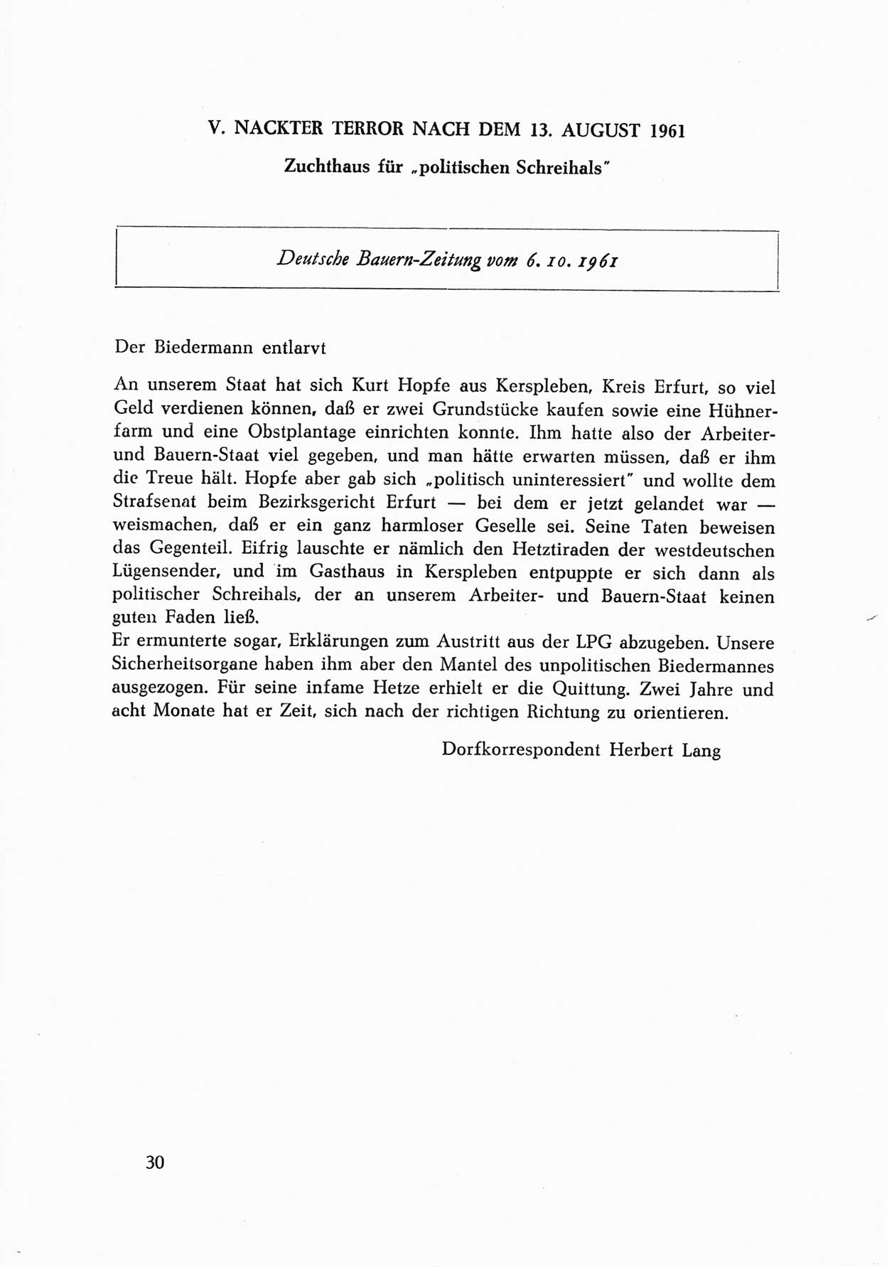 Dokumente des Unrechts, das SED-Regime [Deutsche Demokratische Republik (DDR)] in der Praxis, fünfte Folge, herausgegeben vom Bundesministerium für gesamtdeutsche Fragen (BMG) [Bundesrepublik Deutschland (BRD)], Bonn und Berlin 1962, Seite 30 (Dok. UnR. SED-Reg. DDR BMG BRD 1962, S. 30)