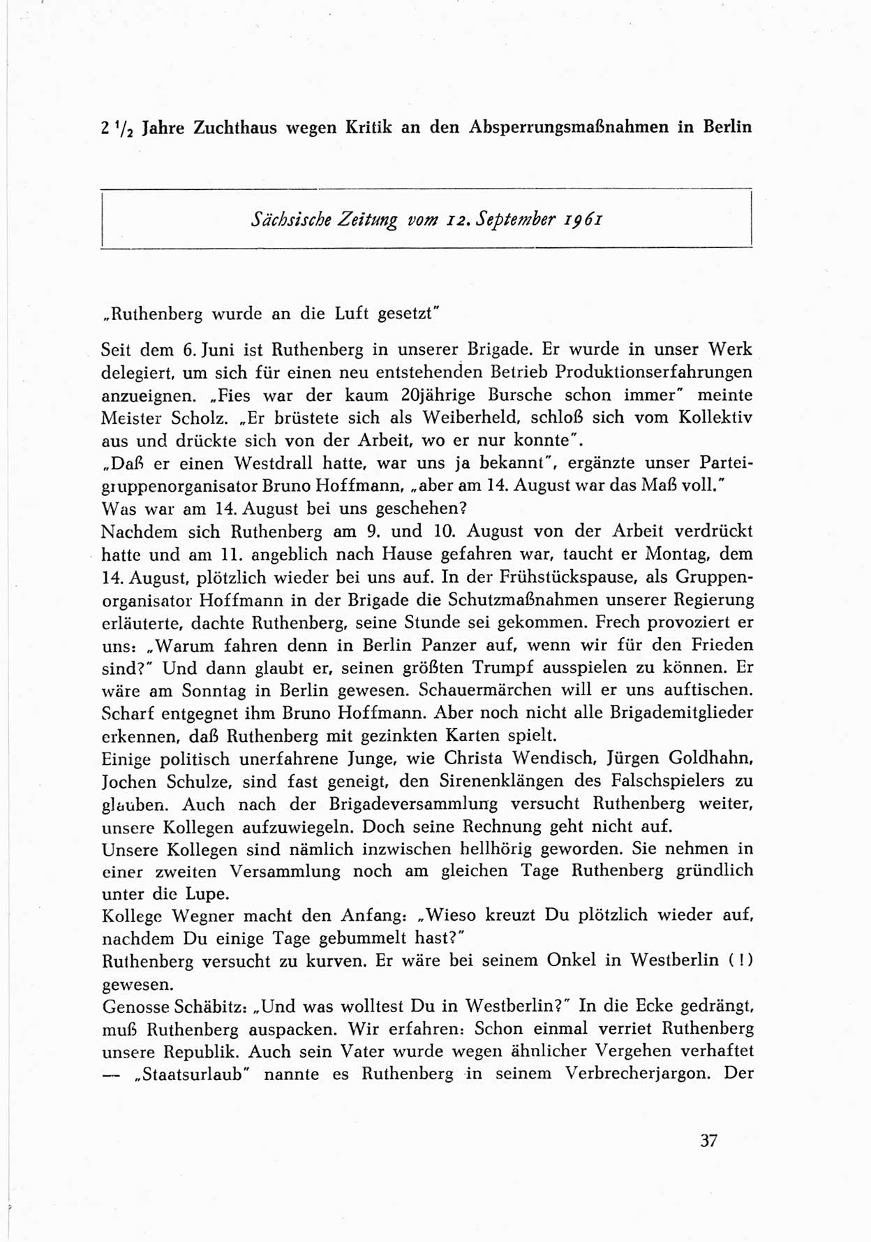 Dokumente des Unrechts, das SED-Regime [Deutsche Demokratische Republik (DDR)] in der Praxis, fünfte Folge, herausgegeben vom Bundesministerium für gesamtdeutsche Fragen (BMG) [Bundesrepublik Deutschland (BRD)], Bonn und Berlin 1962, Seite 37 (Dok. UnR. SED-Reg. DDR BMG BRD 1962, S. 37)