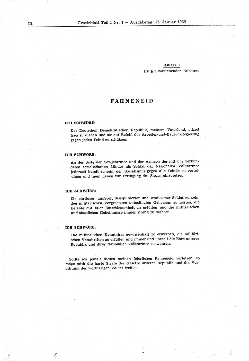 Gesetzblatt (GBl.) der Deutschen Demokratischen Republik (DDR) Teil Ⅰ 1962, Seite 12 (GBl. DDR Ⅰ 1962, S. 12)