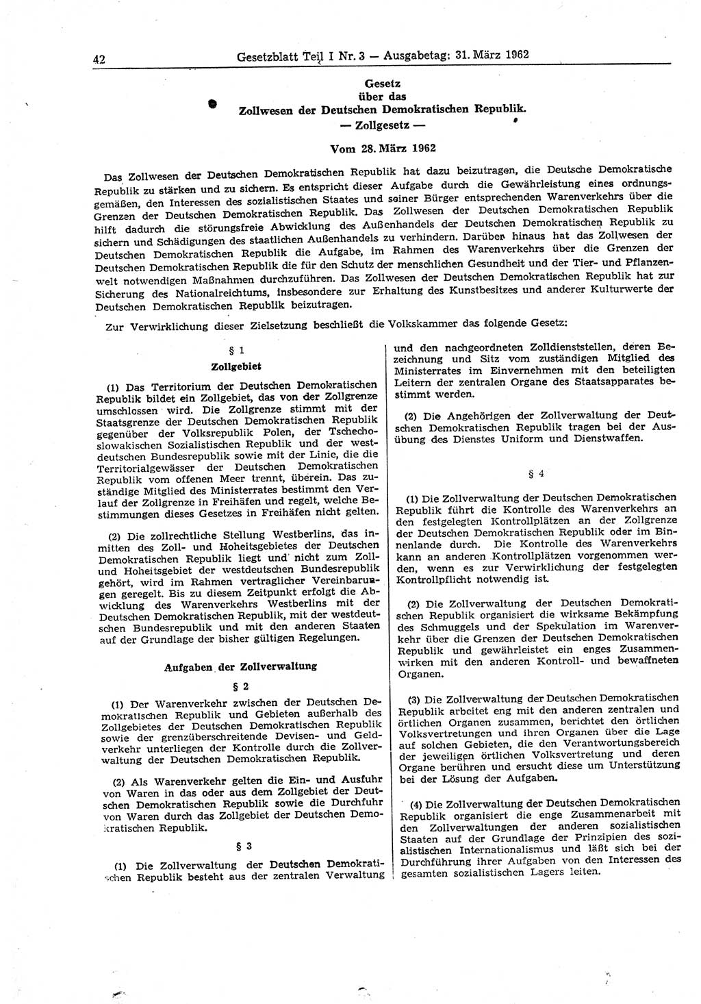 Gesetzblatt (GBl.) der Deutschen Demokratischen Republik (DDR) Teil Ⅰ 1962, Seite 42 (GBl. DDR Ⅰ 1962, S. 42)