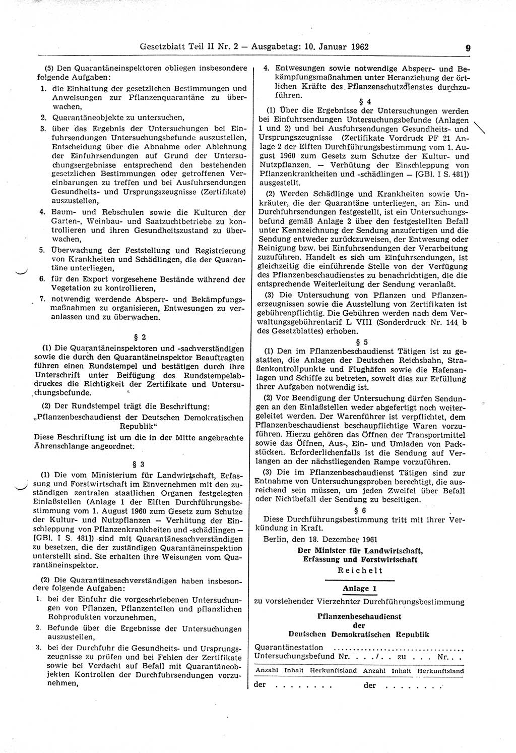 Gesetzblatt (GBl.) der Deutschen Demokratischen Republik (DDR) Teil ⅠⅠ 1962, Seite 9 (GBl. DDR ⅠⅠ 1962, S. 9)