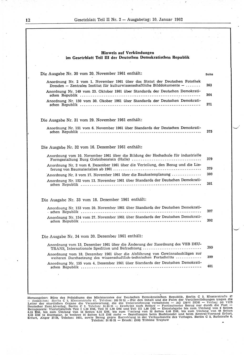 Gesetzblatt (GBl.) der Deutschen Demokratischen Republik (DDR) Teil ⅠⅠ 1962, Seite 12 (GBl. DDR ⅠⅠ 1962, S. 12)