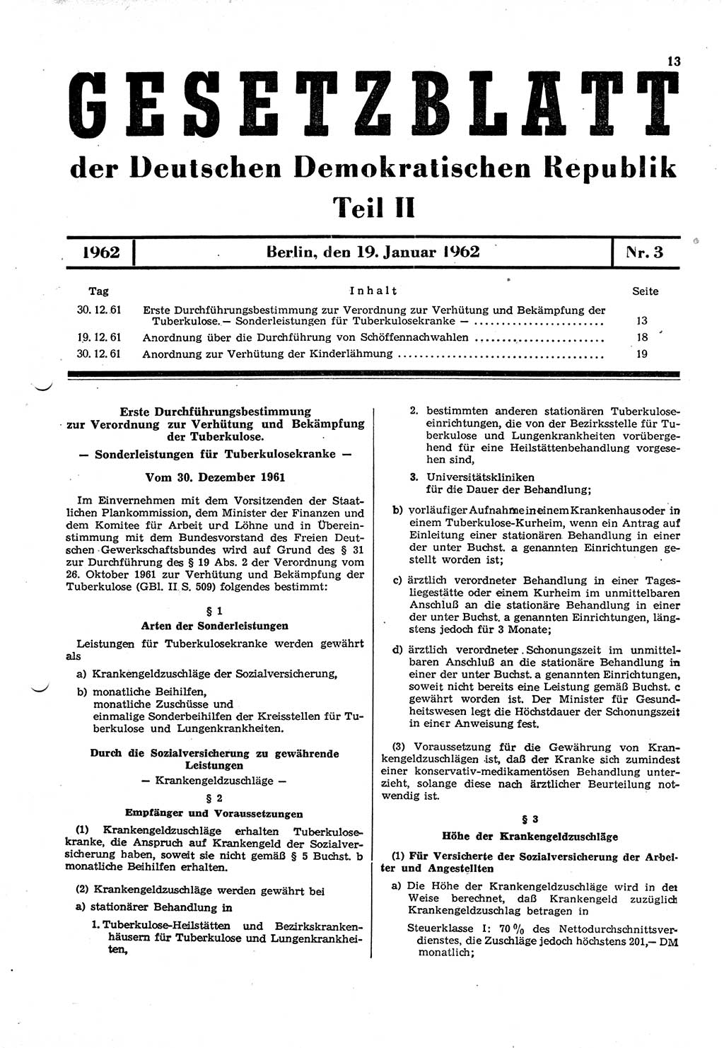 Gesetzblatt (GBl.) der Deutschen Demokratischen Republik (DDR) Teil ⅠⅠ 1962, Seite 13 (GBl. DDR ⅠⅠ 1962, S. 13)