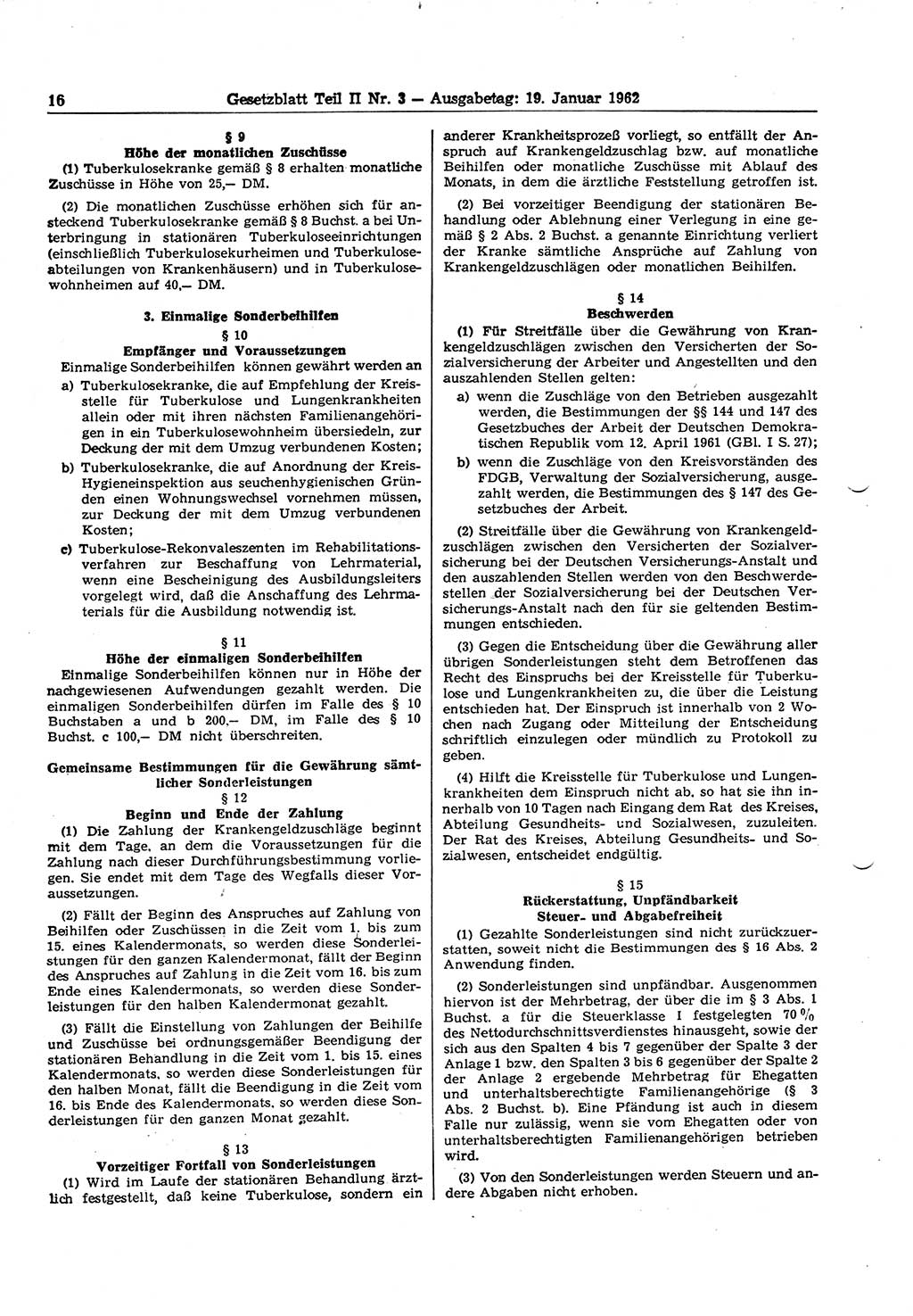 Gesetzblatt (GBl.) der Deutschen Demokratischen Republik (DDR) Teil ⅠⅠ 1962, Seite 16 (GBl. DDR ⅠⅠ 1962, S. 16)