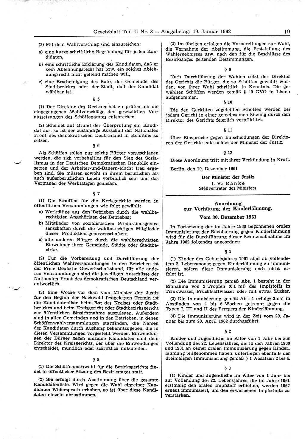 Gesetzblatt (GBl.) der Deutschen Demokratischen Republik (DDR) Teil ⅠⅠ 1962, Seite 19 (GBl. DDR ⅠⅠ 1962, S. 19)