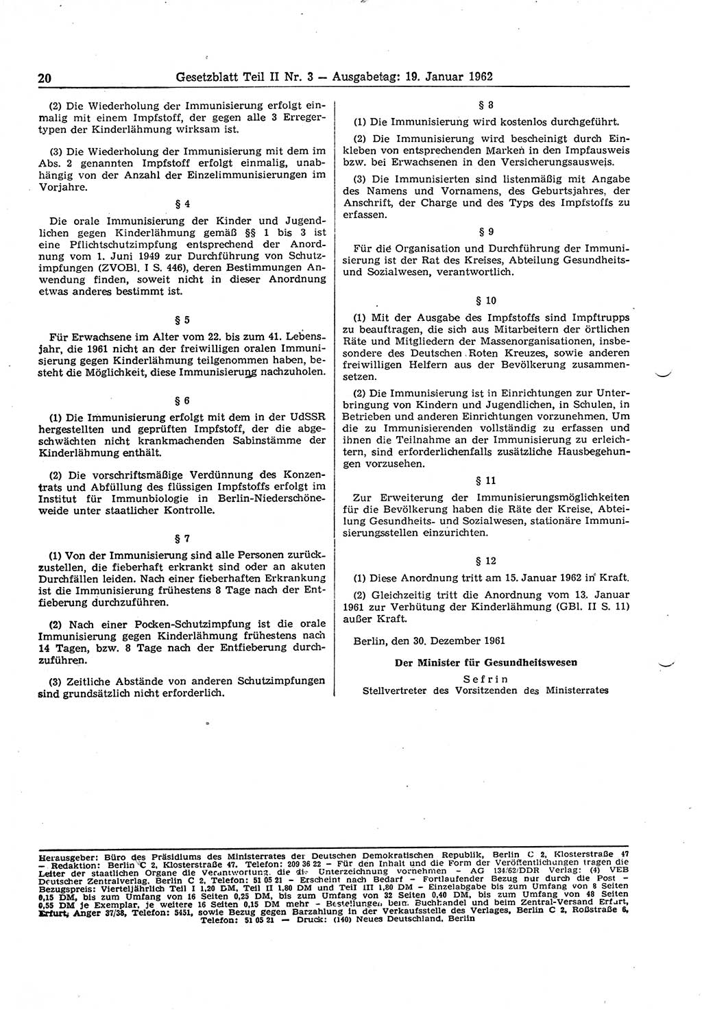 Gesetzblatt (GBl.) der Deutschen Demokratischen Republik (DDR) Teil ⅠⅠ 1962, Seite 20 (GBl. DDR ⅠⅠ 1962, S. 20)